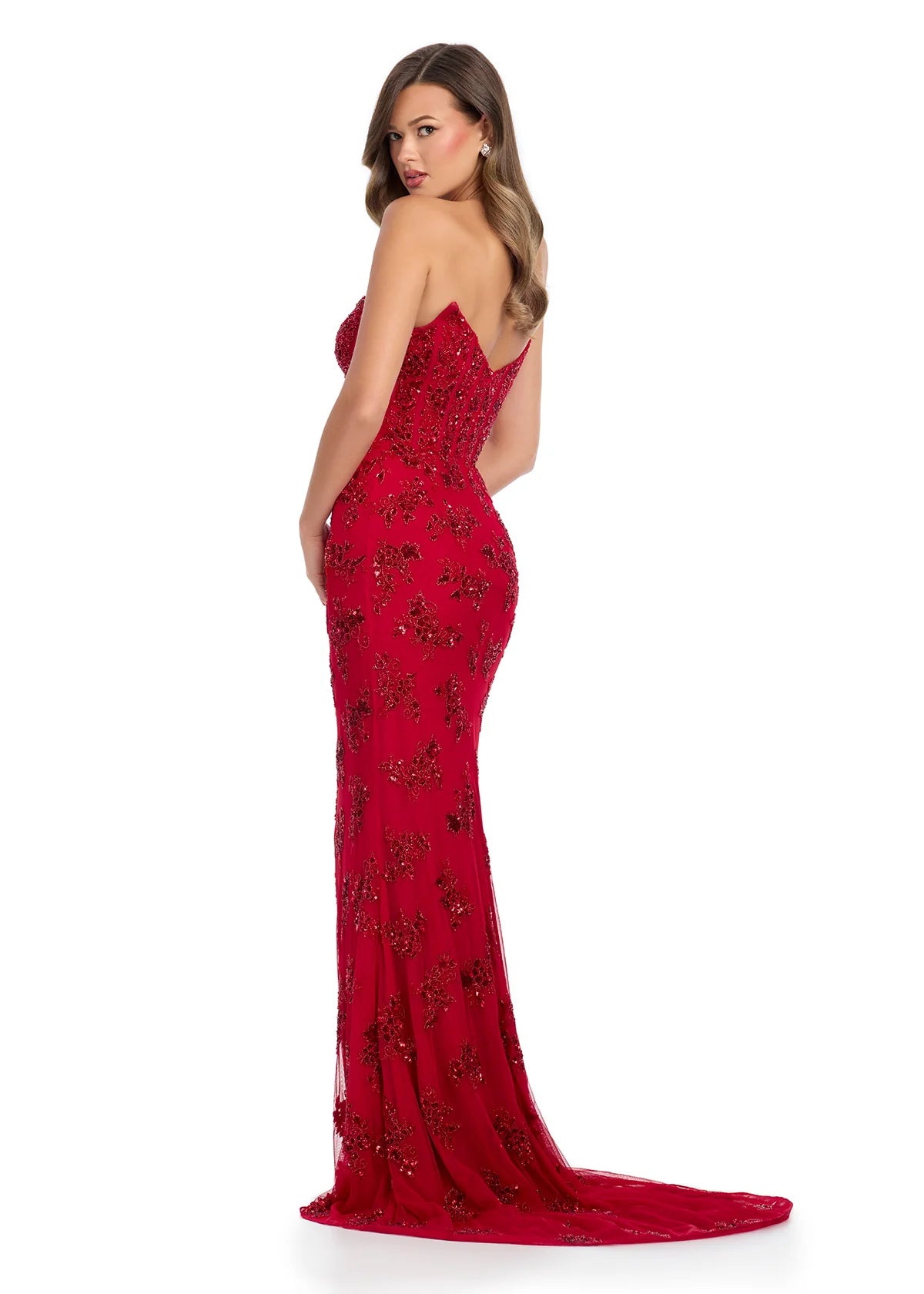 Back view - Strapless red evening gown adorned with intricate floral beadwork and a figure-hugging silhouette, perfect for a timelessly elegant look.