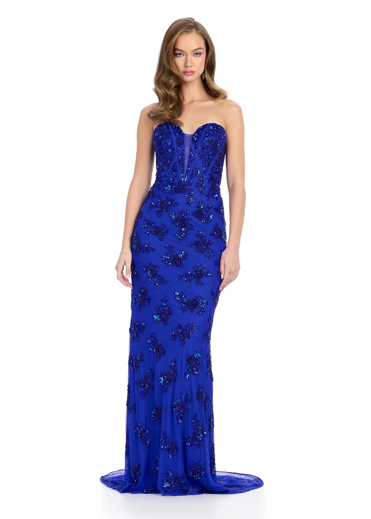 Strapless Royal Blue evening gown adorned with intricate floral beadwork and a figure-hugging silhouette, perfect for a timelessly elegant look.