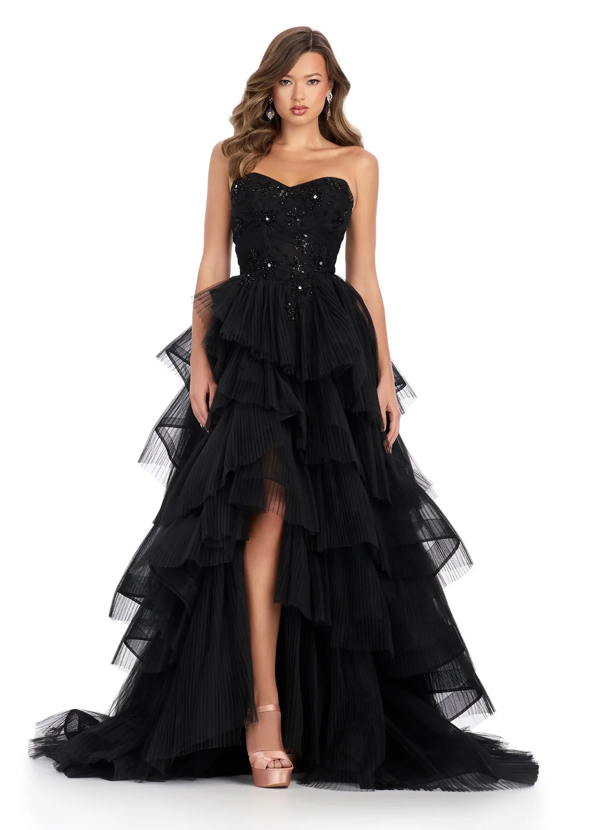 Strapless Tiered Evening Gown With Sweetheart Neckline, Embellished Bodice, and High-Low Ruffle Skirt