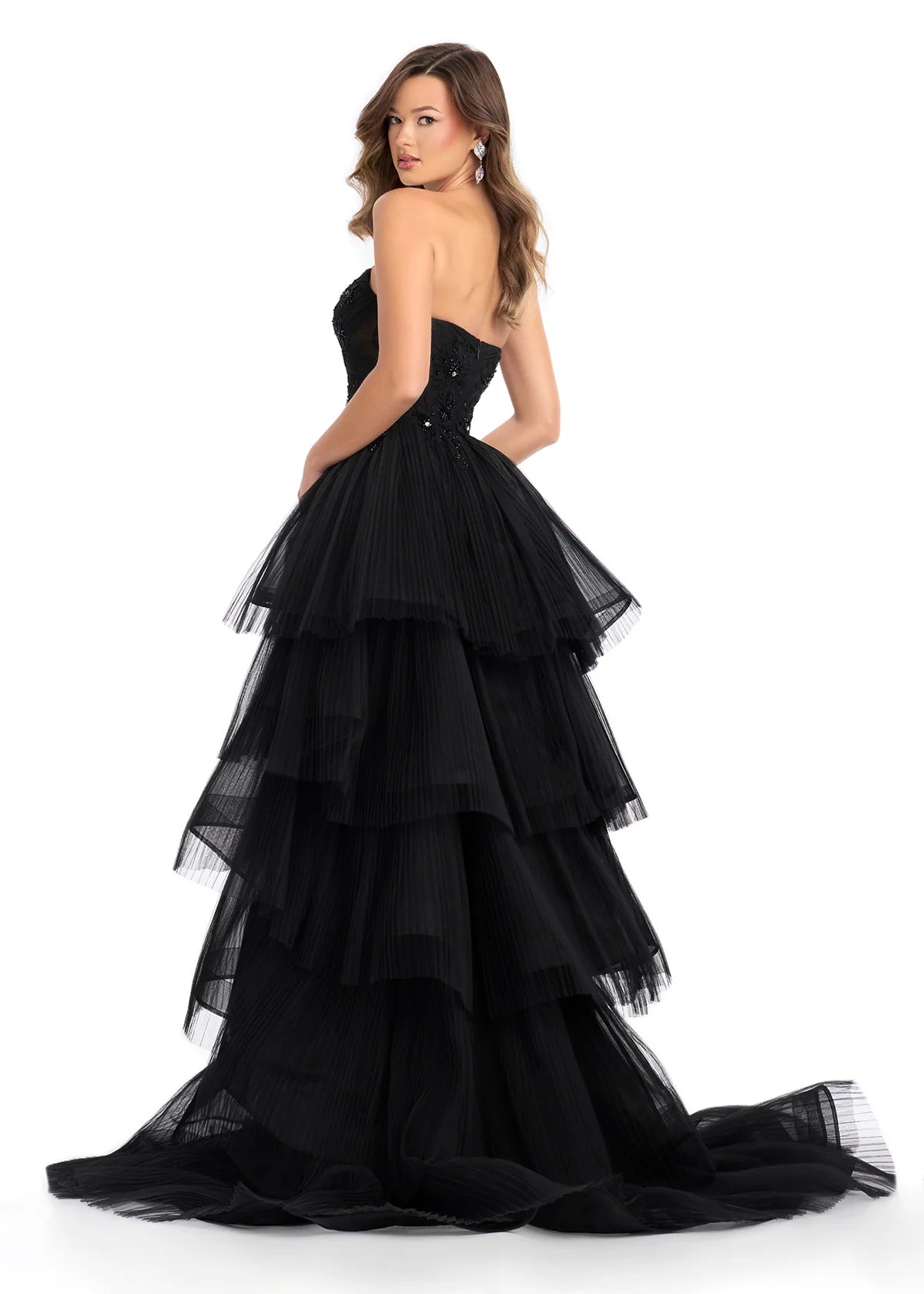 Strapless Tiered Evening Gown With Sweetheart Neckline, Embellished Bodice, and High-Low Ruffle Skirt - Back View 