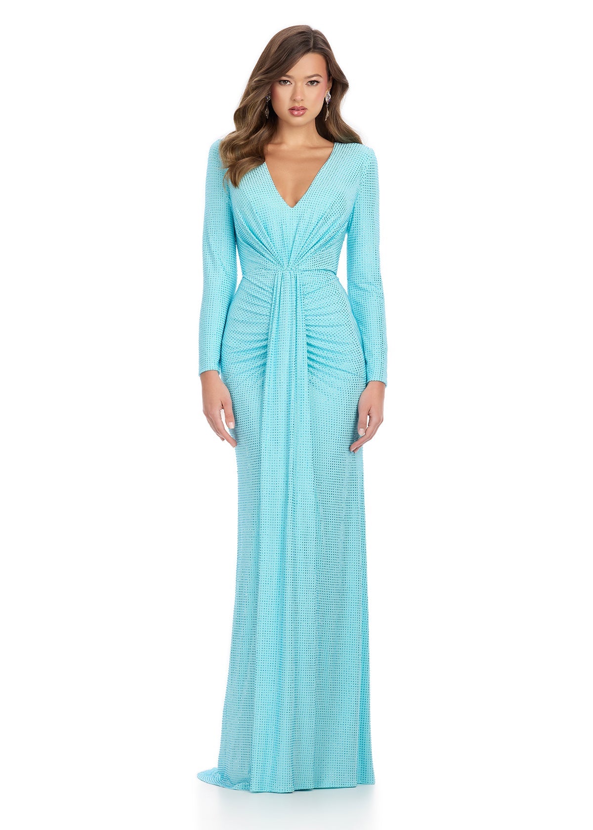 Aqua long-sleeve evening gown featuring a plunging V-neckline, ruched detailing at the waist, and a floor-length silhouette with subtle shimmering accents for timeless elegance.