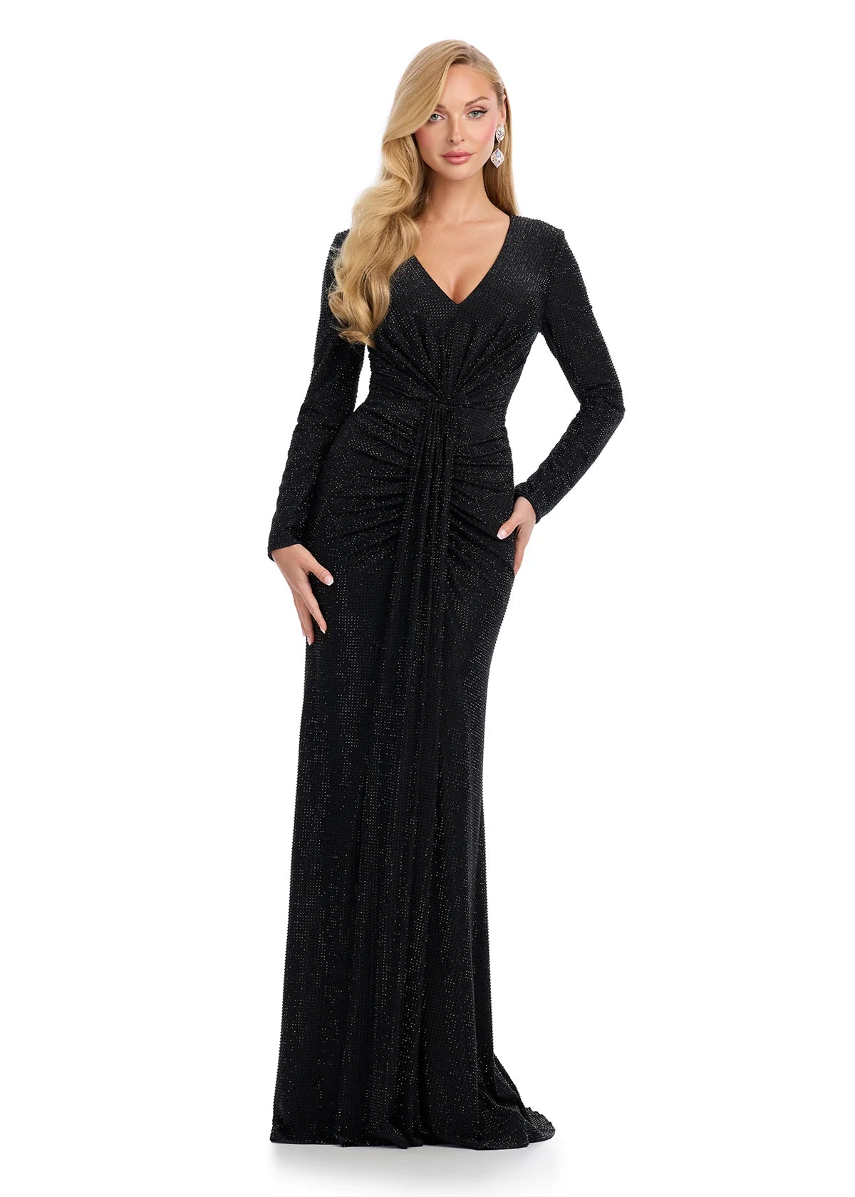 Black long-sleeve evening gown featuring a plunging V-neckline, ruched detailing at the waist, and a floor-length silhouette with subtle shimmering accents for timeless elegance.