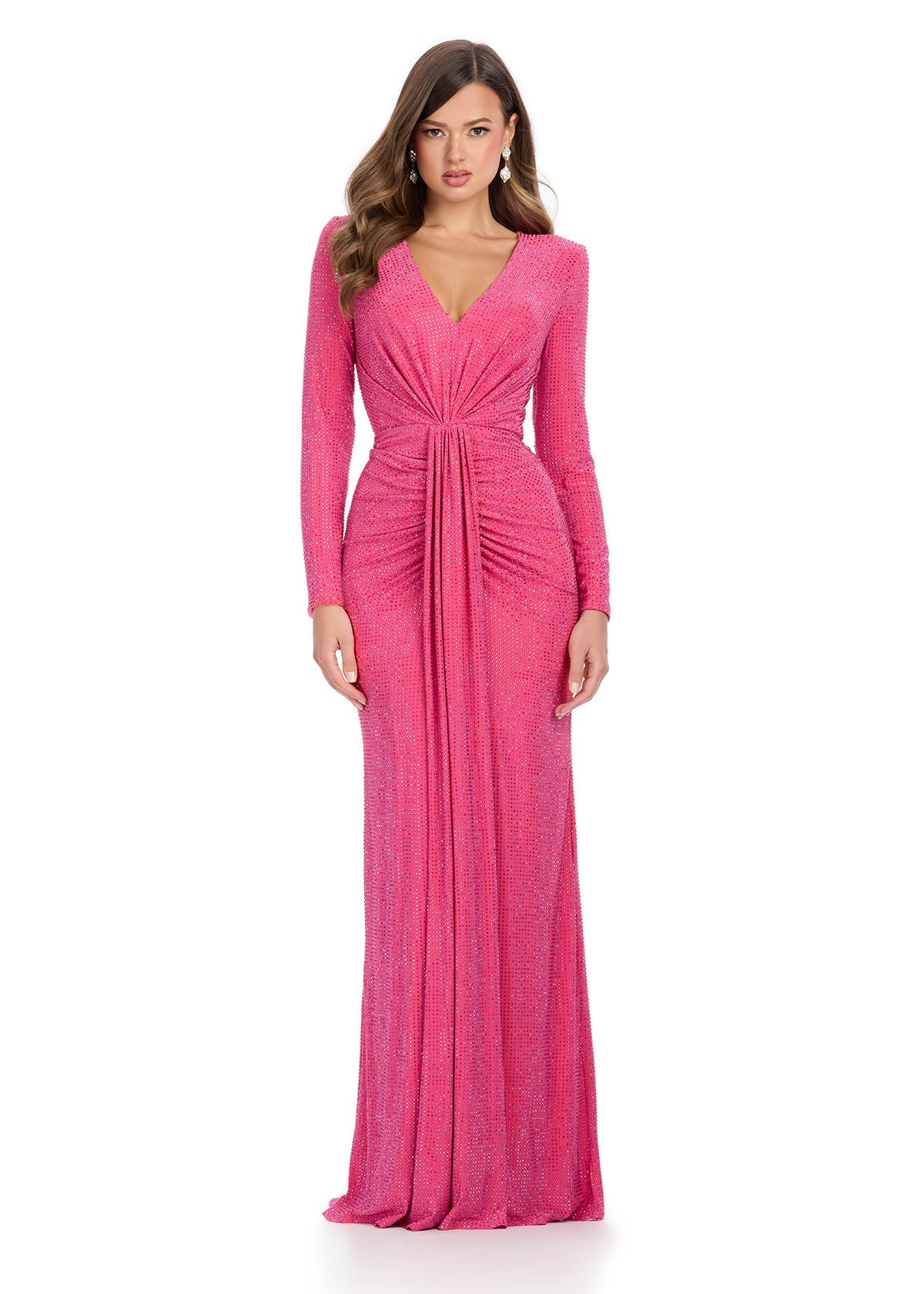 Fuchsia long-sleeve evening gown featuring a plunging V-neckline, ruched detailing at the waist, and a floor-length silhouette with subtle shimmering accents for timeless elegance.