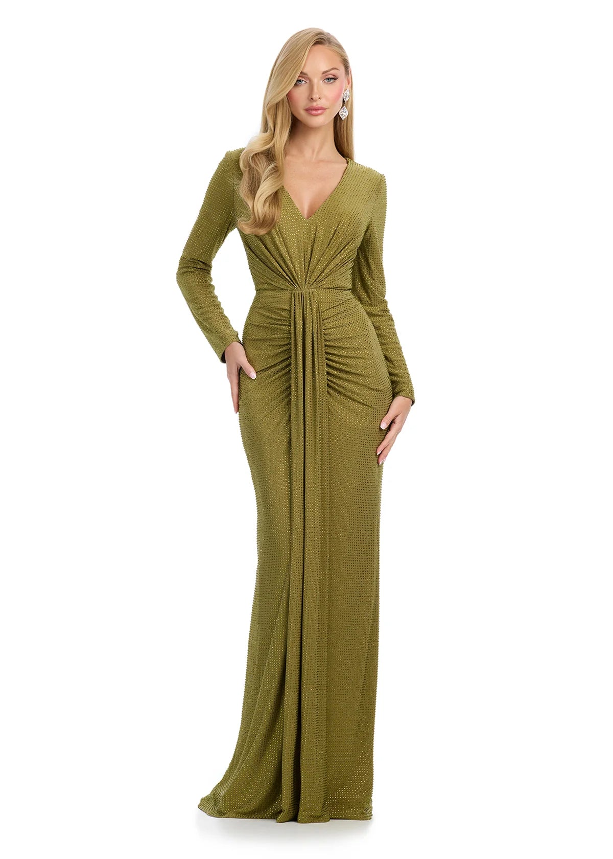 Olive long-sleeve evening gown featuring a plunging V-neckline, ruched detailing at the waist, and a floor-length silhouette with subtle shimmering accents for timeless elegance.