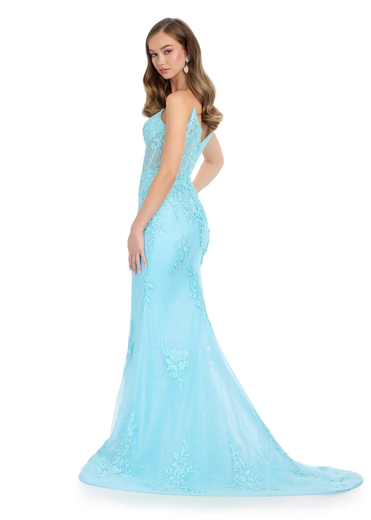 Back View -Strapless light blue gown with floral lace detailing, a sheer bodice, and a fitted silhouette extending into a slight train.