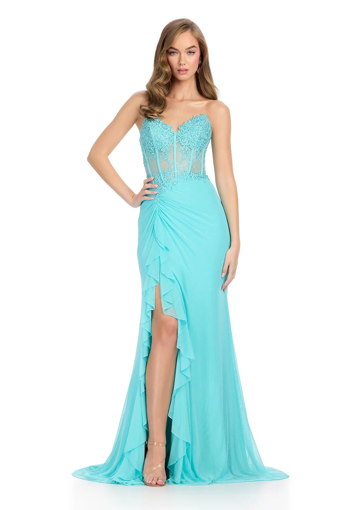 Elegant aqua floor-length gown featuring a strapless sweetheart neckline, sheer lace bodice, ruched detailing, cascading ruffle accents, a thigh-high slit, and a flowing train for a dramatic and sophisticated look.