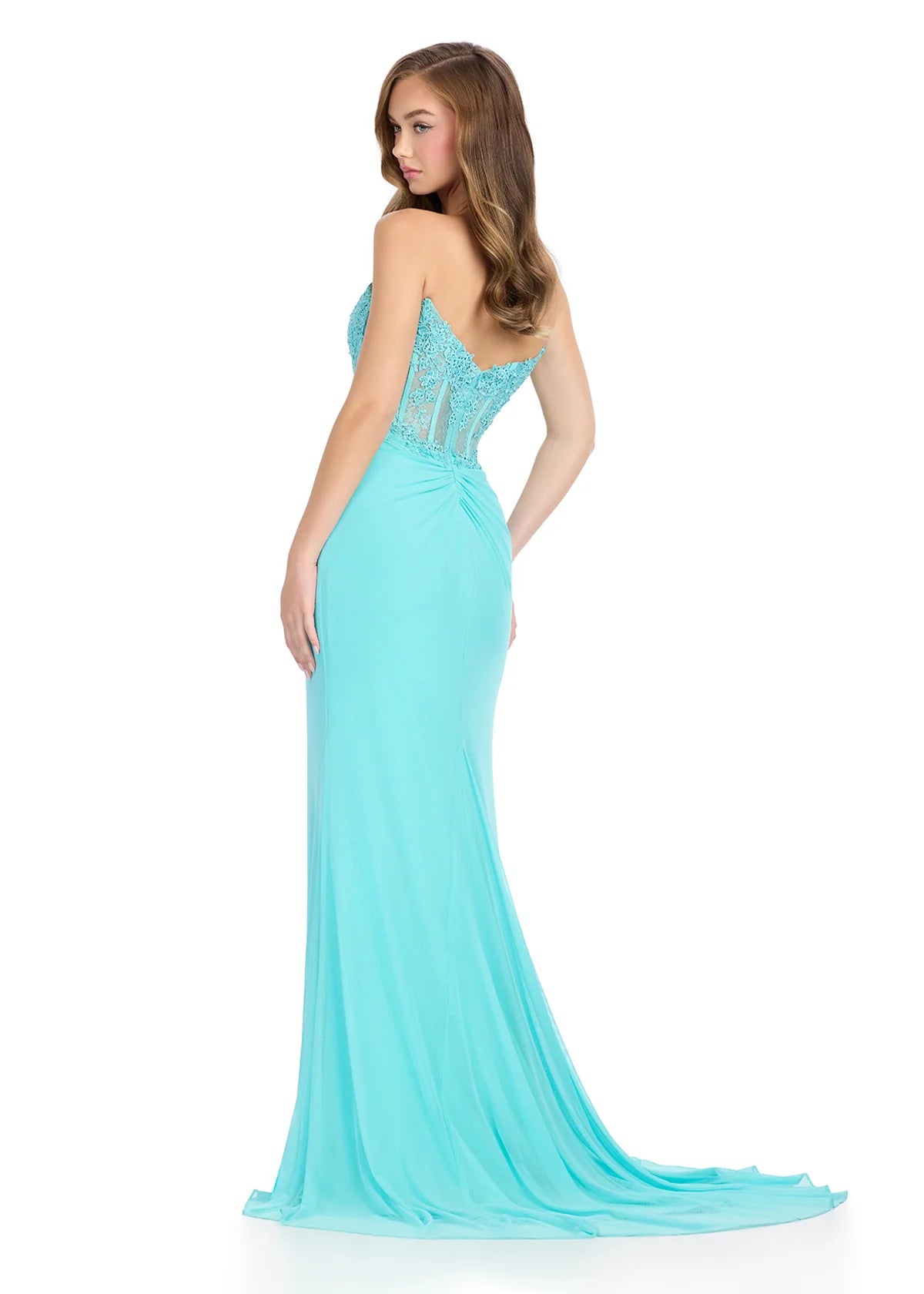 Back view - Elegant aqua floor-length gown featuring a strapless sweetheart neckline, sheer lace bodice, ruched detailing, cascading ruffle accents, a thigh-high slit, and a flowing train for a dramatic and sophisticated look.