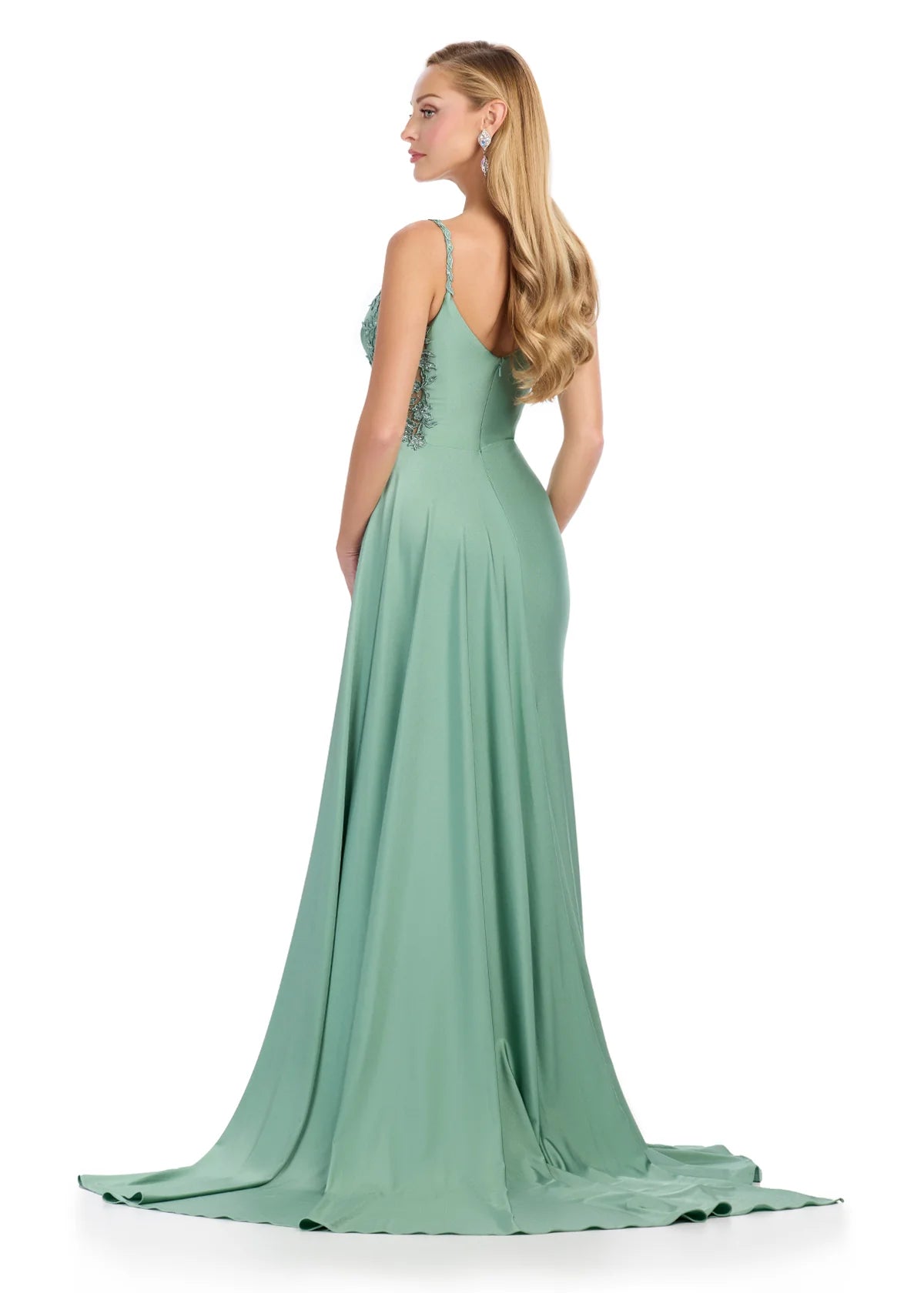 Back View - Sage Satin Evening Gown With Sweetheart Neckline, Embellished Straps, Side Ruching, High Slit, and Floor-Length Train