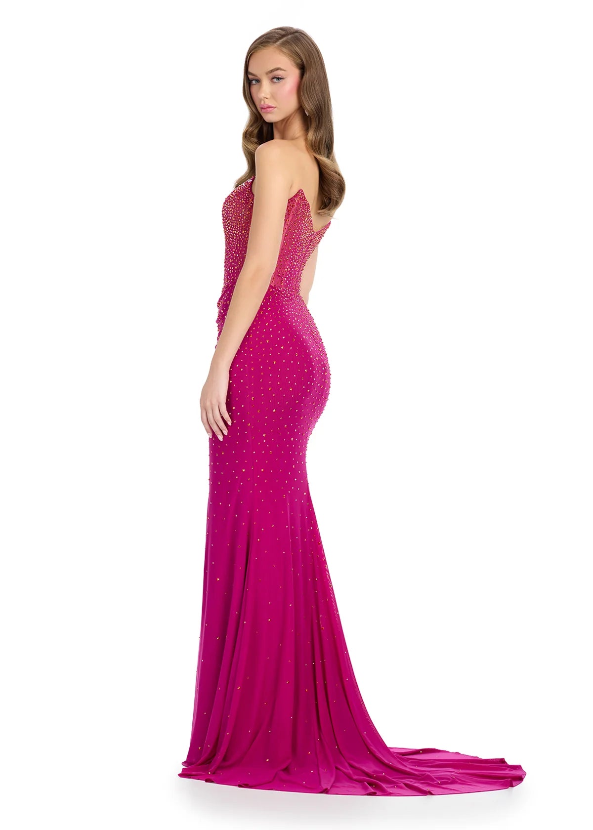 Back View - Strapless berry evening gown adorned with delicate embellishments, featuring a fitted bodice, a thigh-high slit, and a glamorous floor-length design.