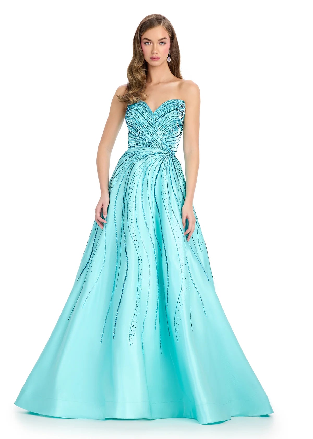 Strapless Aqua Blue Ball Gown With Embellished Bodice And Flowing Skirt Featuring Subtle Crystal Detailing