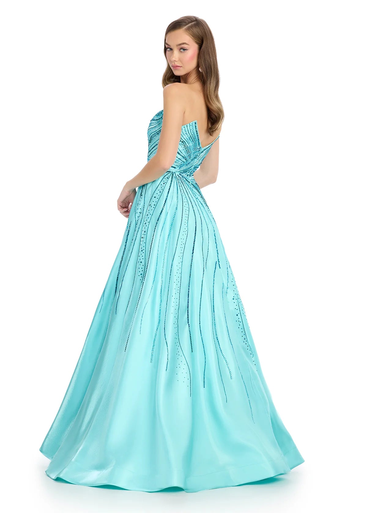 Back view - Strapless Aqua Blue Ball Gown With Embellished Bodice And Flowing Skirt Featuring Subtle Crystal Detailing