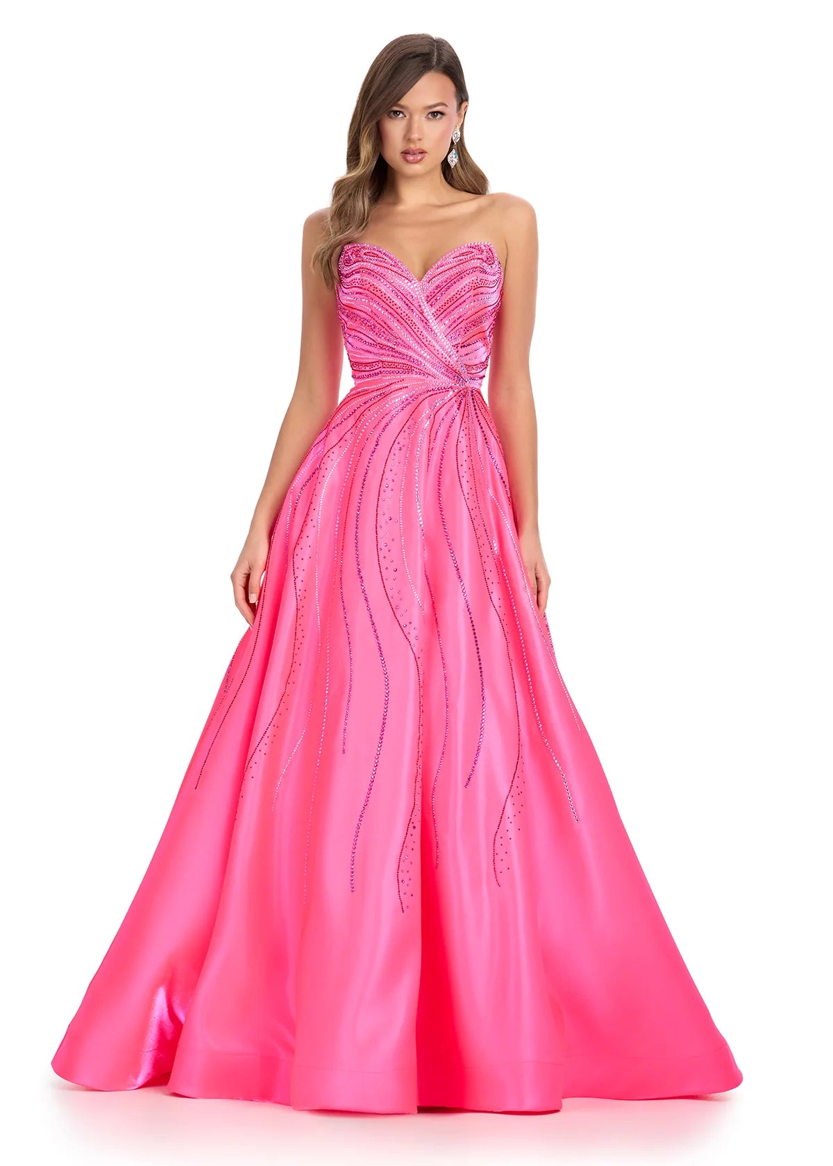 Strapless Hot Pink Ball Gown With Embellished Bodice And Flowing Skirt Featuring Subtle Crystal Detailing