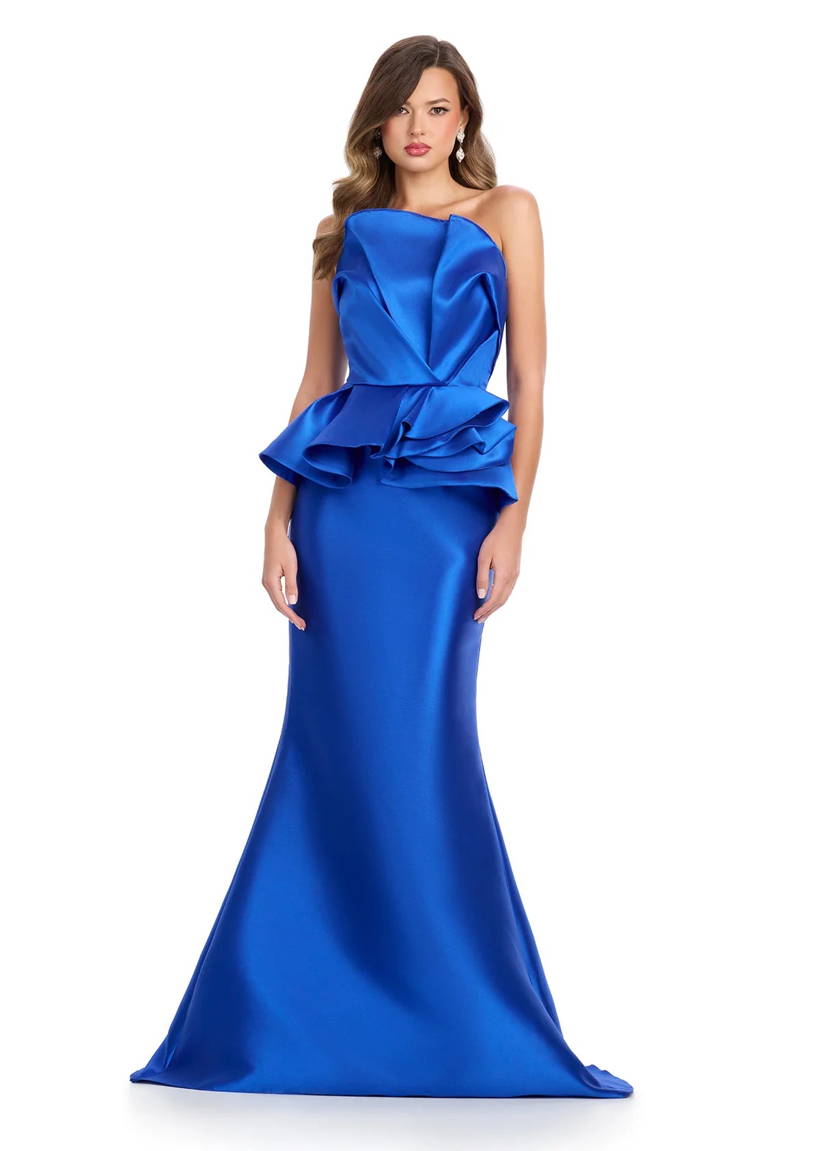 Royal Blue mermaid gown featuring a strapless neckline with dramatic ruffle detailing, offering a chic and sophisticated look.