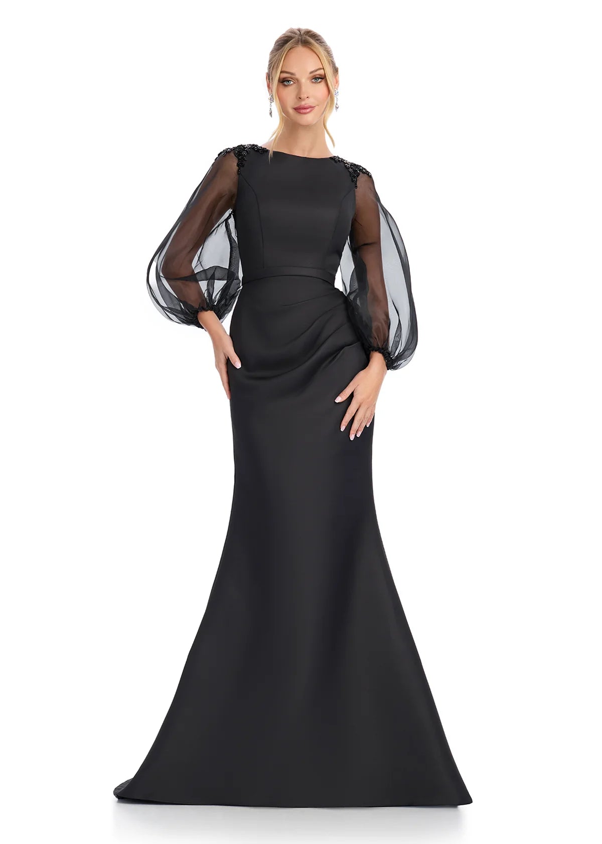 ASHLEYlauren 11879 Black Mystic Gown – Elegant satin gown featuring ethereal balloon organza sleeves with a subtle shimmer and a sleek fitted wrap skirt. A perfect blend of modern sophistication and timeless glamour.