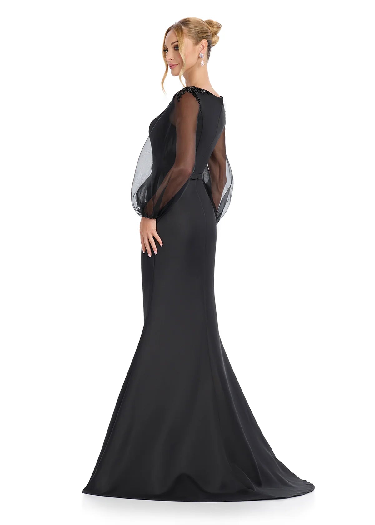 ASHLEYlauren 11879 Black Mystic Gown – Elegant satin gown featuring ethereal balloon organza sleeves with a subtle shimmer and a sleek fitted wrap skirt. A perfect blend of modern sophistication and timeless glamour. Back view