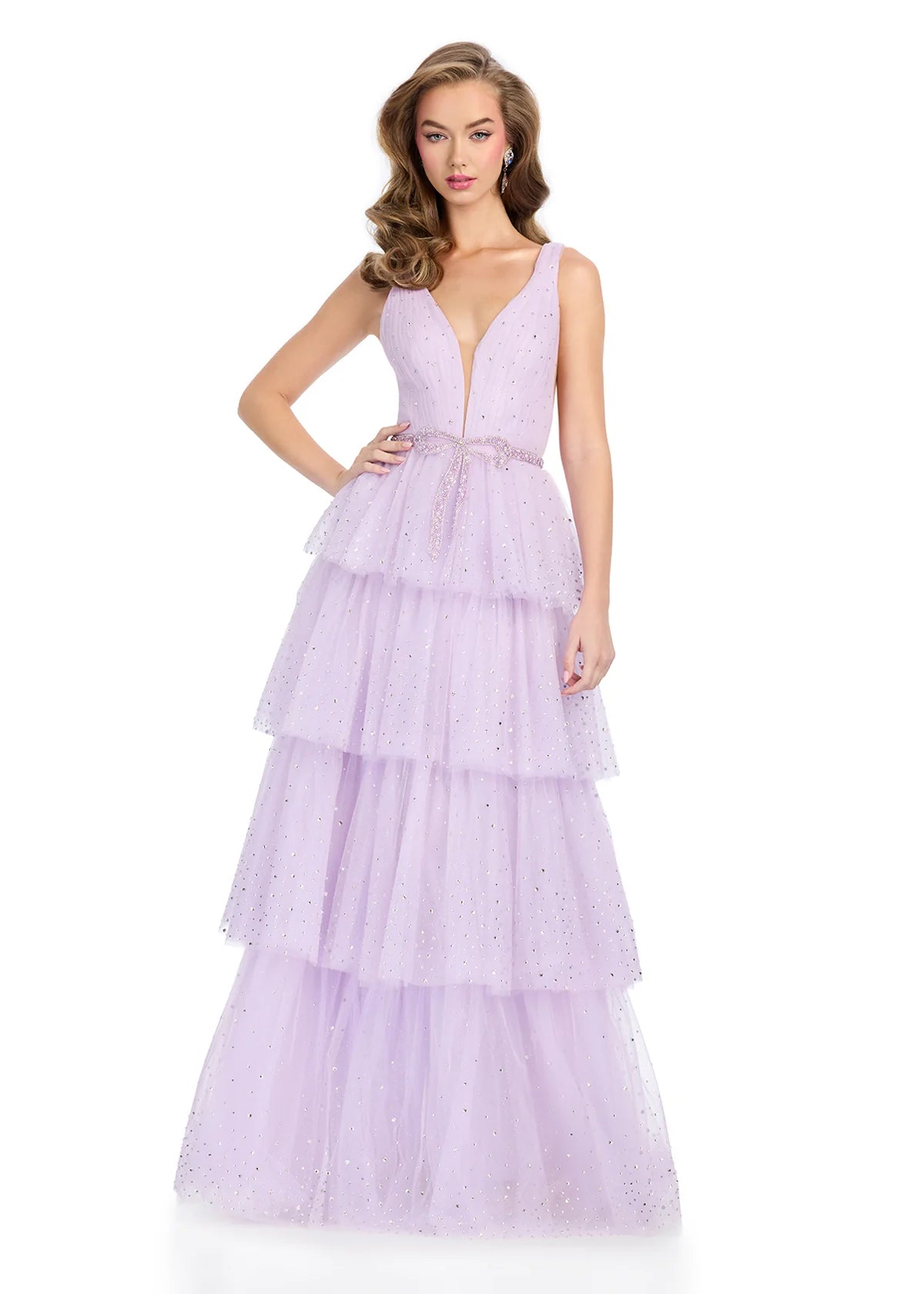 Lilac delicate tiered ball gown with a plunging neckline and a cinched waist, adorned with shimmering accents for an ethereal fairy-tale look.