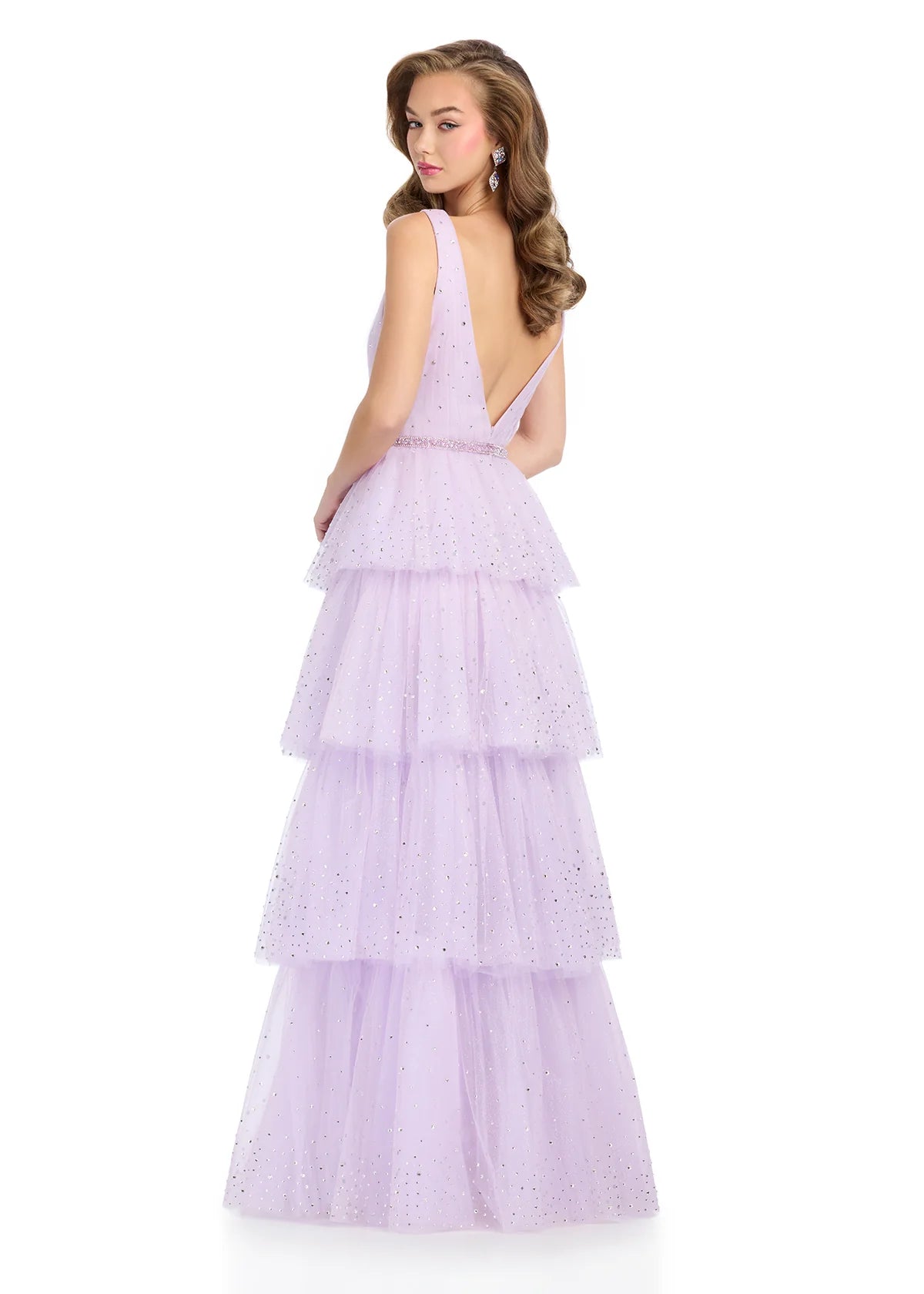 Back view - Lilac delicate tiered ball gown with a plunging neckline and a cinched waist, adorned with shimmering accents for an ethereal fairy-tale look.