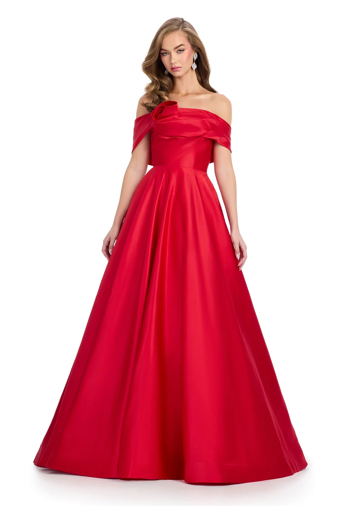 An elegant off-the-shoulder red ball gown featuring a structured bodice and a full satin skirt, perfect for formal occasions or a grand entrance.