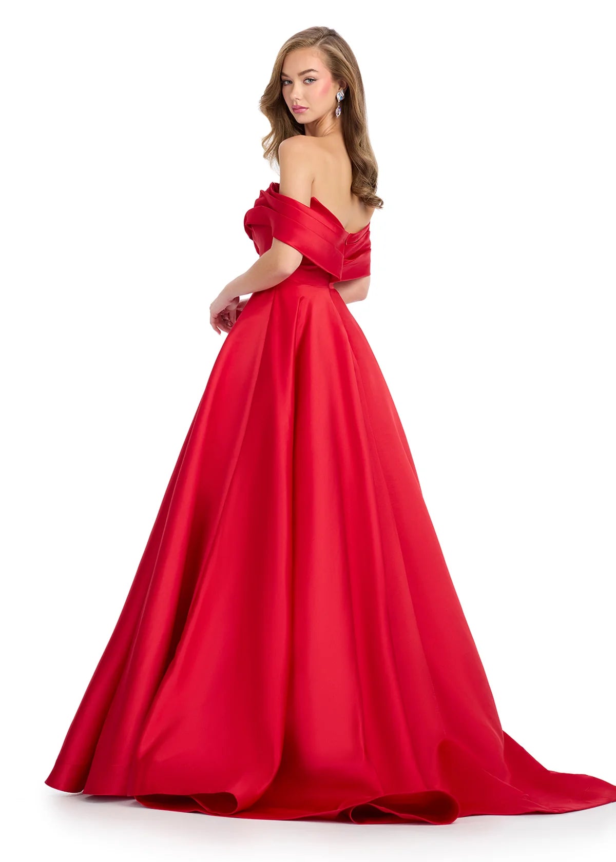 Back view of an elegant off-the-shoulder red ball gown featuring a structured bodice and a full satin skirt, perfect for formal occasions or a grand entrance.