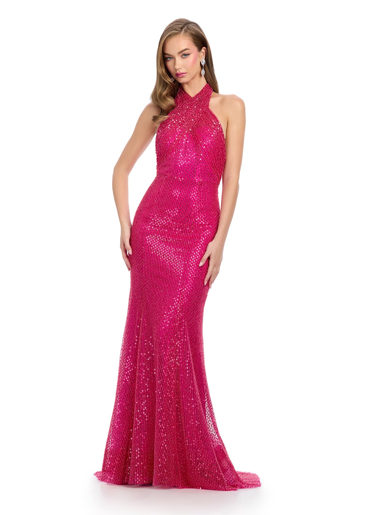 Fuchsia Halter Neck Sequin Gown With Fitted Silhouette and Floor-Length Design