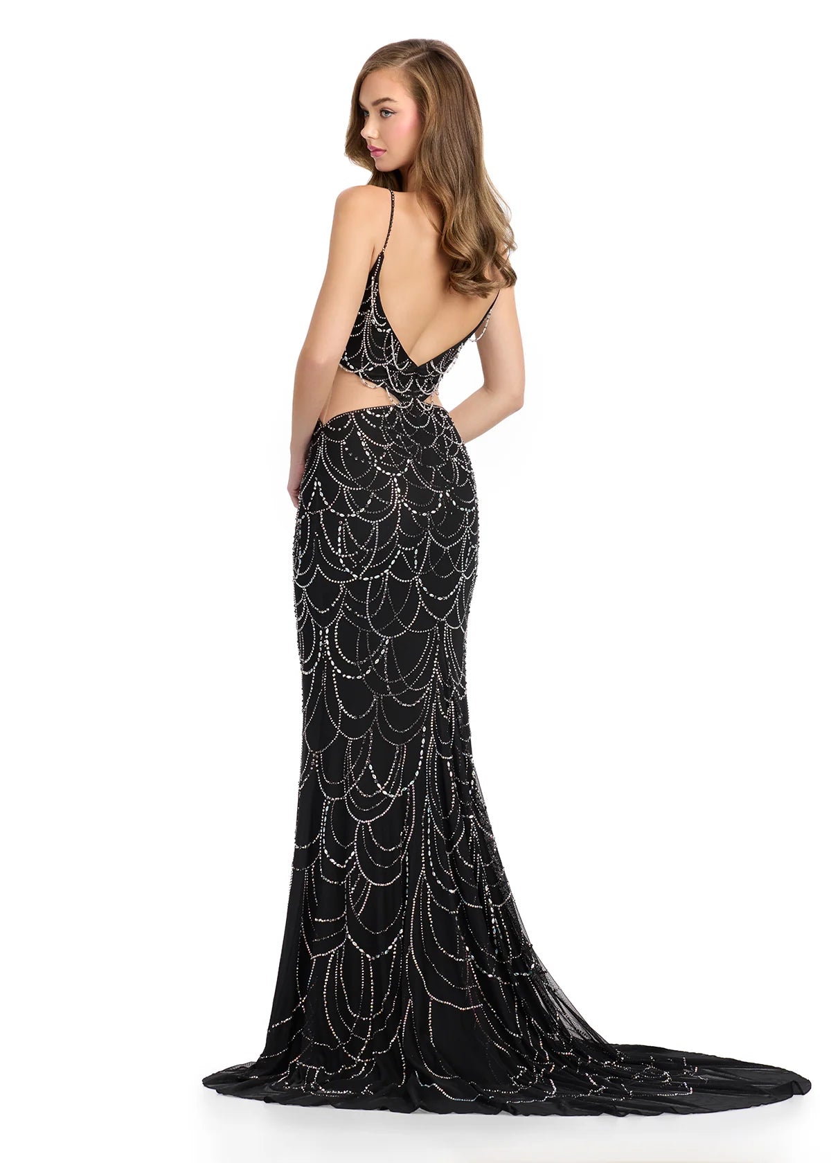 ASHLEYlauren 11925 Black Paparazzi Gown – Sleek jersey gown featuring a deep V-neckline, flattering side cut-outs, and a dramatic sweep train. A bold and elegant statement for red carpet events, proms, and black-tie occasions. Back view