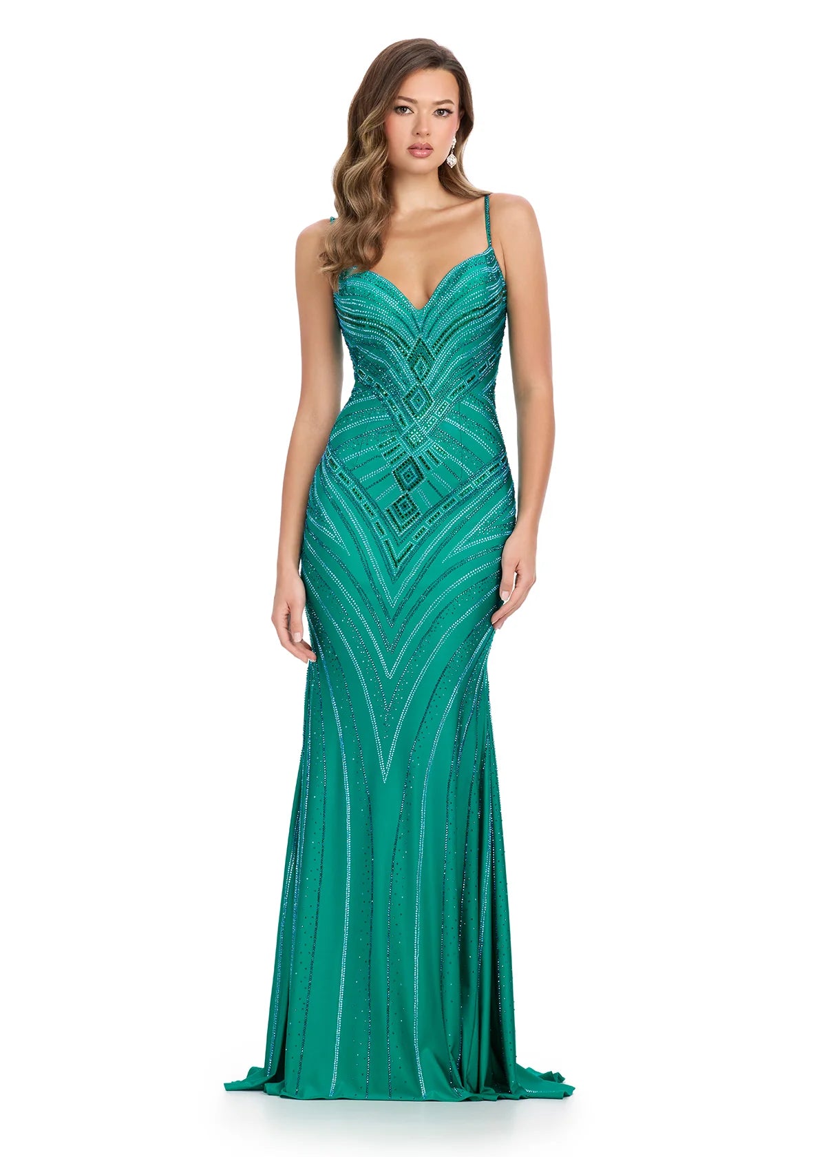 ASHLEYlauren 11937 Emerald Saffira Gown – Stunning beaded gown featuring a sweetheart neckline, delicate spaghetti straps, and an intricate art deco-inspired bead pattern. A dazzling choice for formal events and special occasions.