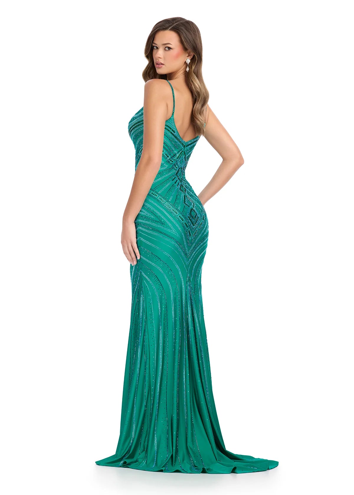 ASHLEYlauren 11937 Emerald Saffira Gown – Stunning beaded gown featuring a sweetheart neckline, delicate spaghetti straps, and an intricate art deco-inspired bead pattern. A dazzling choice for formal events and special occasions. Back view