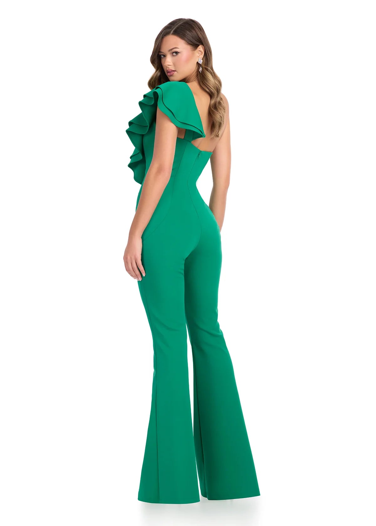 ASHLEYlauren 11965 Emerald Green Tiffany Jumpsuit – Sleek one-shoulder scuba jumpsuit with a form-fitting design and dramatic cascading ruffle. A bold and sophisticated statement piece for any event. Back view.