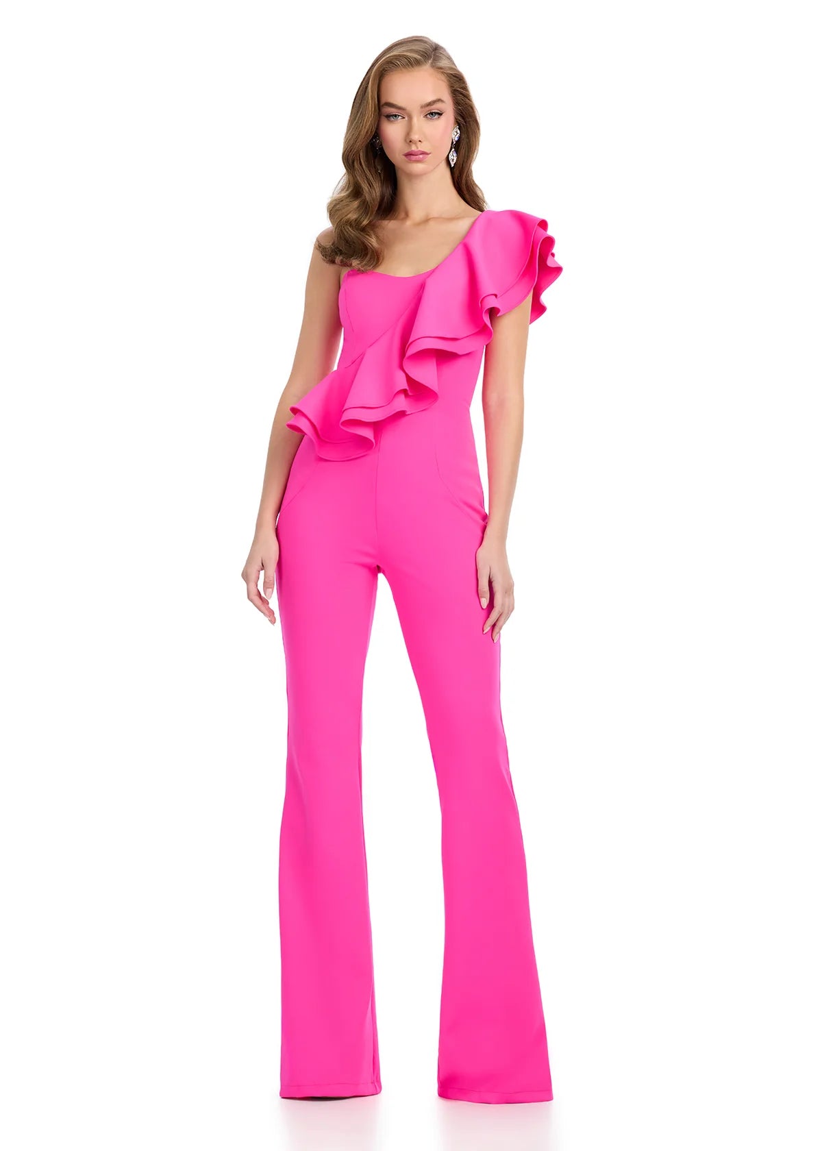 ASHLEYlauren 11965 fuchsia Tiffany Jumpsuit – Chic one-shoulder scuba jumpsuit in a striking fuchsia hue, featuring a sleek, form-fitting silhouette and a dramatic cascading ruffle. A powerful and sophisticated statement piece for any occasion.