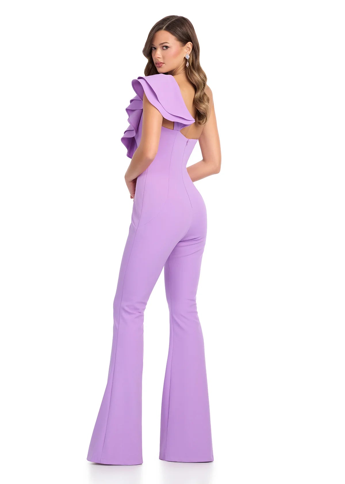 ASHLEYlauren 11965 Orchid Tiffany Jumpsuit – Chic one-shoulder scuba jumpsuit in a striking orchid hue, featuring a sleek, form-fitting silhouette and a dramatic cascading ruffle. A powerful and sophisticated statement piece for any occasion. Back view