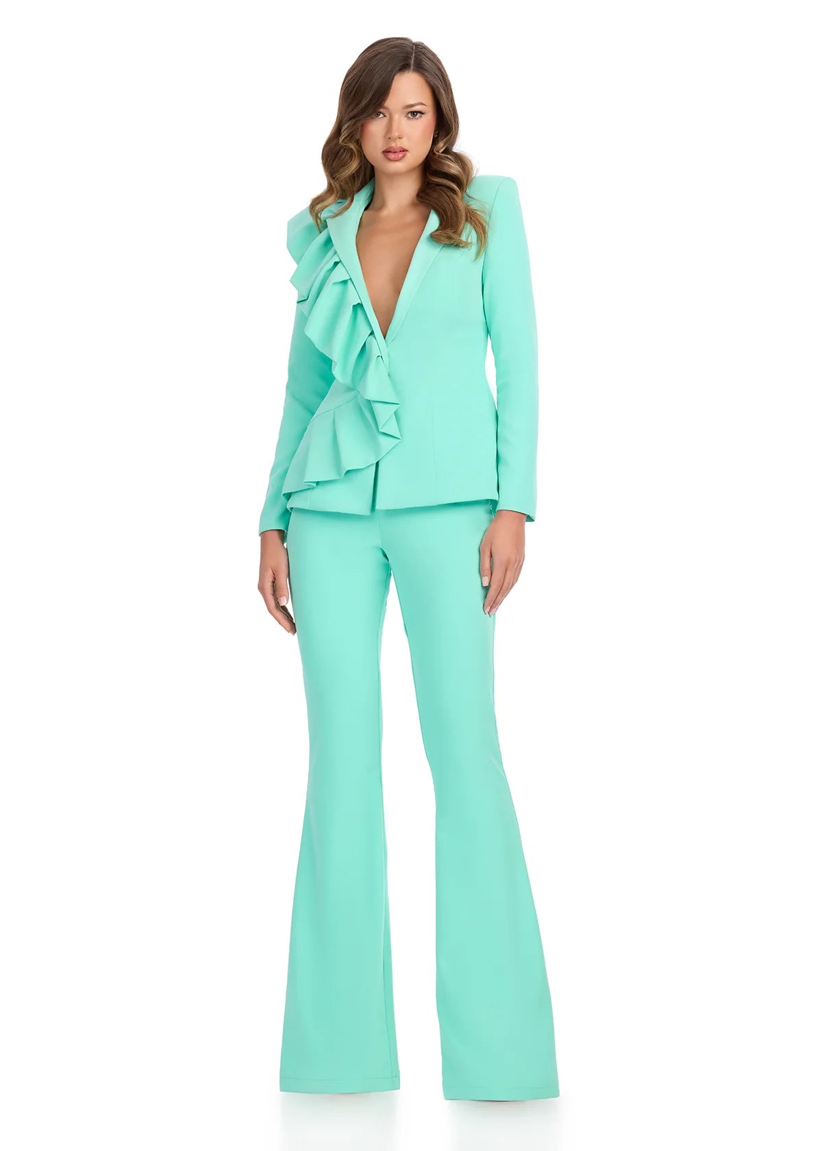 ASHLEYlauren 11971 Aqua Rogue Two-Piece Suit – Sleek jersey two-piece jumpsuit featuring a fitted V-neck bodice, dramatic side ruffle, and tailored trousers. A bold and sophisticated statement for any special occasion. 