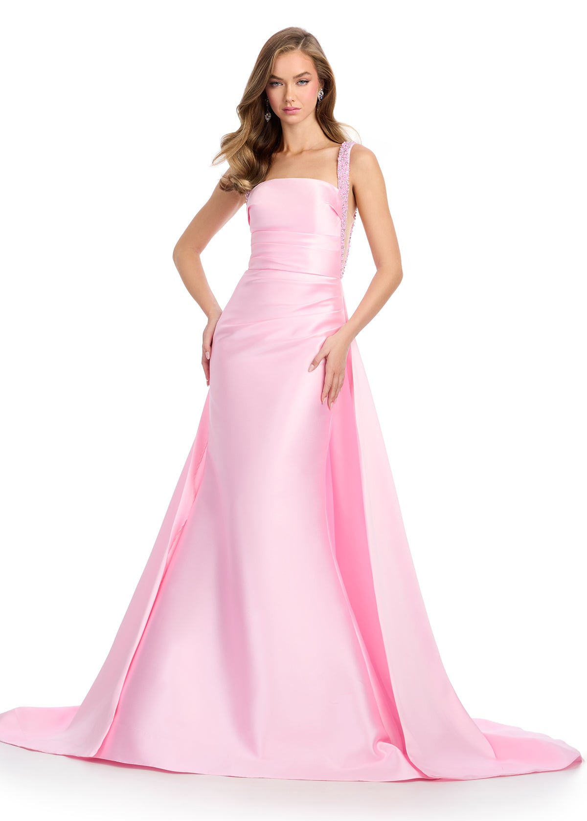 Ice Pink Satin Evening Gown With Square Neckline, Embellished Shoulder Strap, and Flowing A-Line Skirt