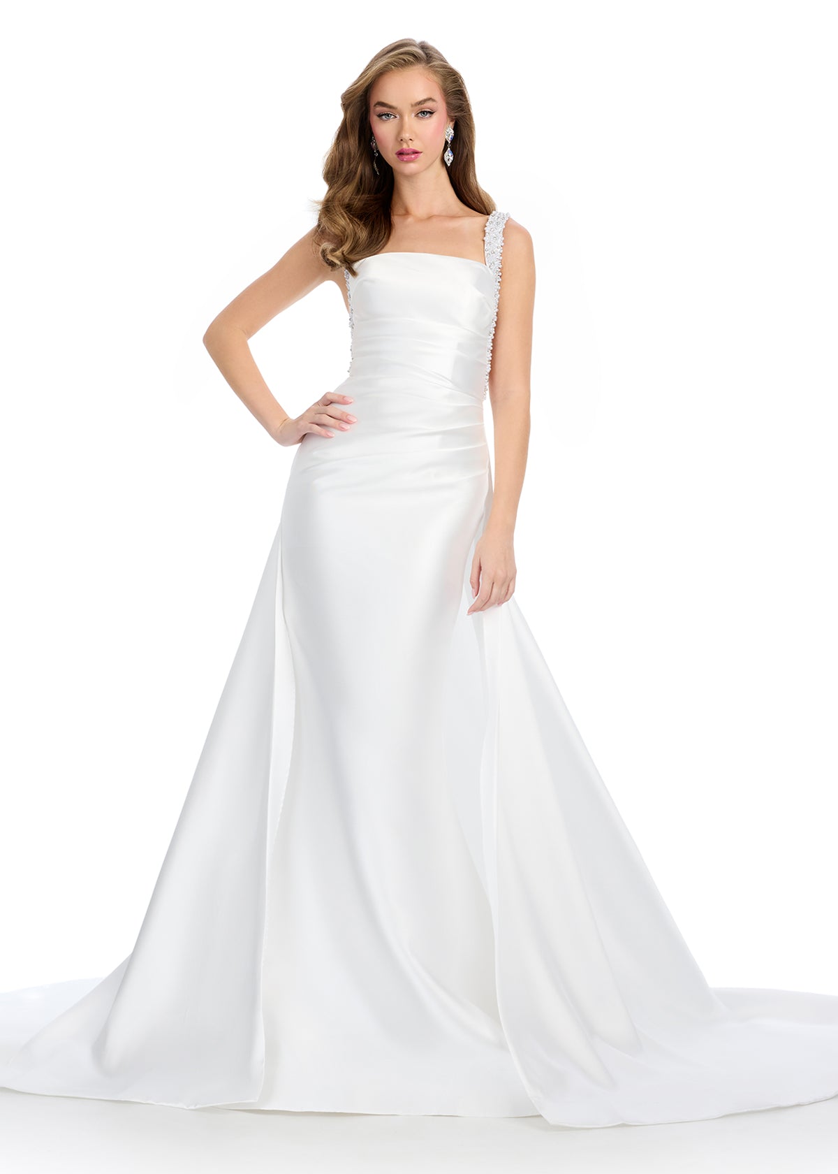 Ivory Satin Evening Gown With Square Neckline, Embellished Shoulder Strap, and Flowing A-Line Skirt