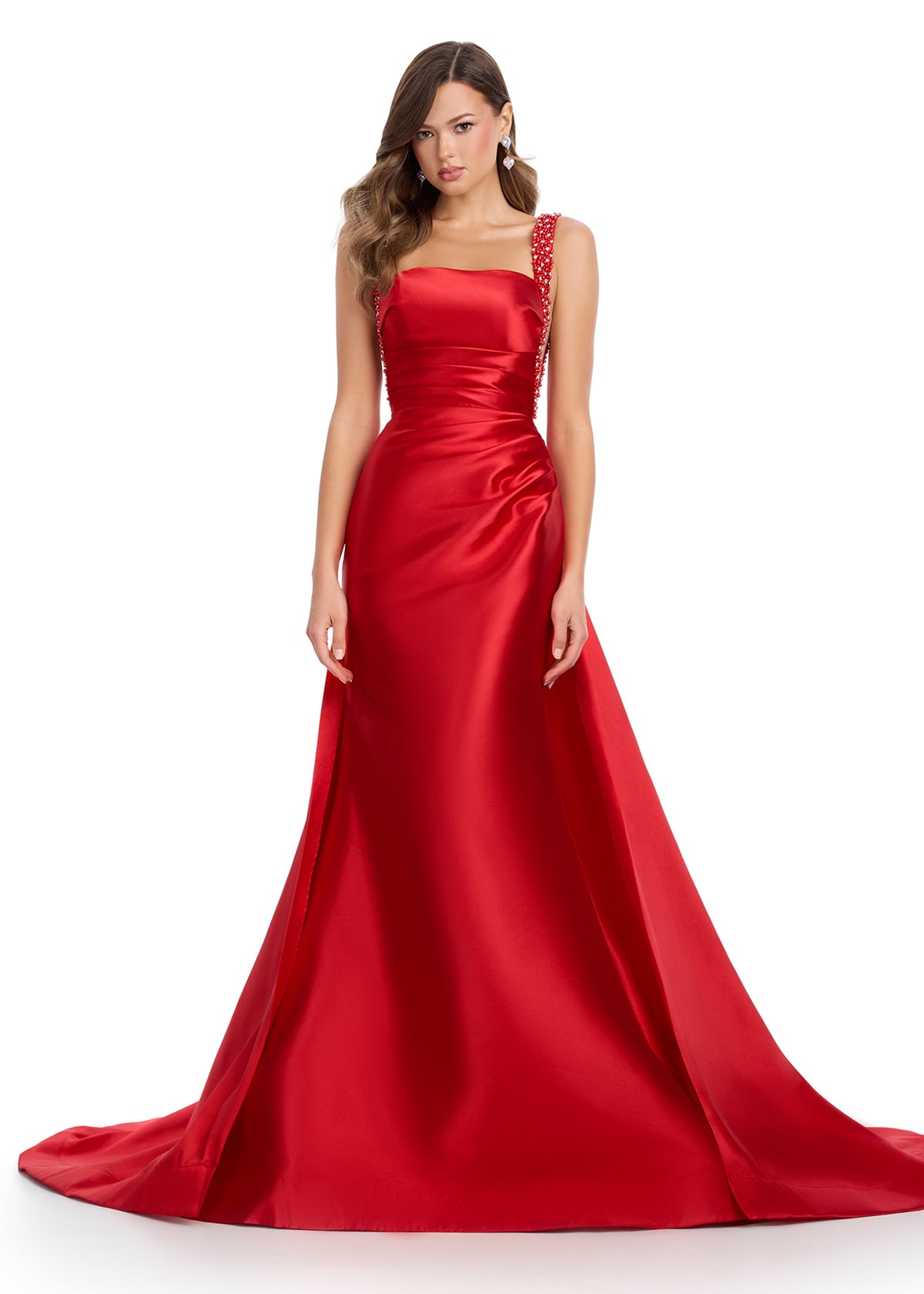 Red Satin Evening Gown With Square Neckline, Embellished Shoulder Strap, and Flowing A-Line Skirt