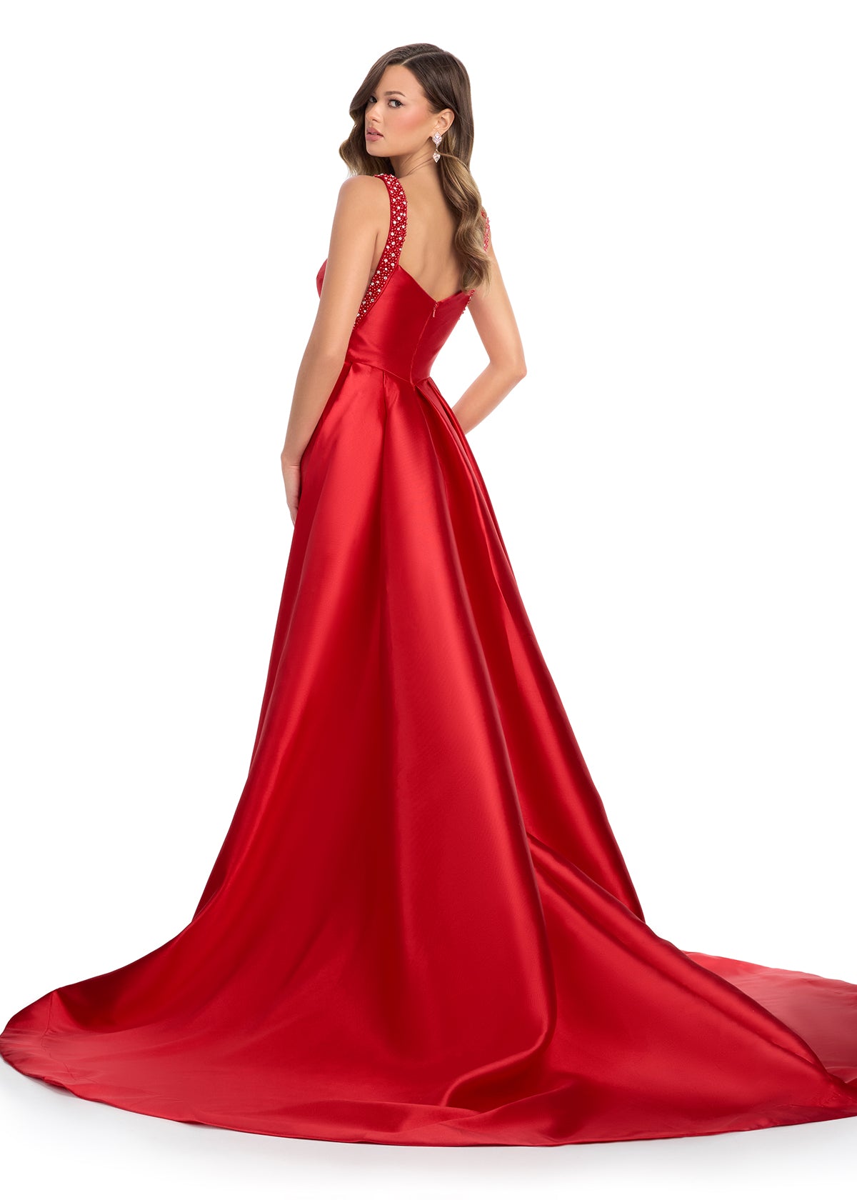 Back View - Red Satin Evening Gown With Square Neckline, Embellished Shoulder Strap, and Flowing A-Line Skirt