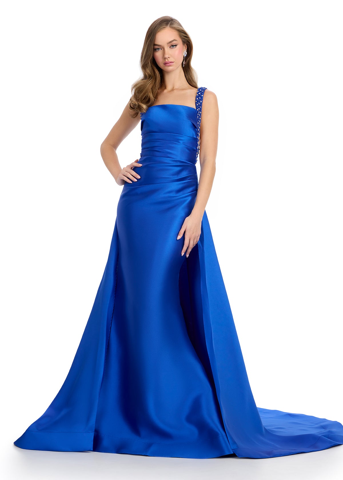 Satin Evening Gown With Square Neckline, Embellished Shoulder Strap, and Flowing A-Line Skirt