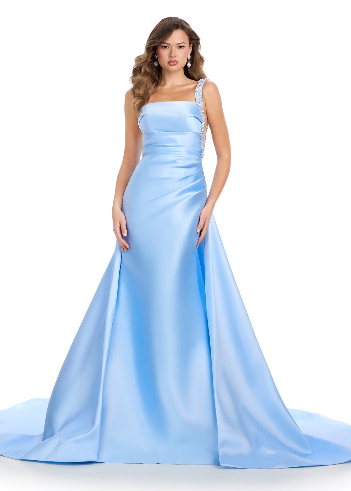 Sky Blue Satin Evening Gown With Square Neckline, Embellished Shoulder Strap, and Flowing A-Line Skirt