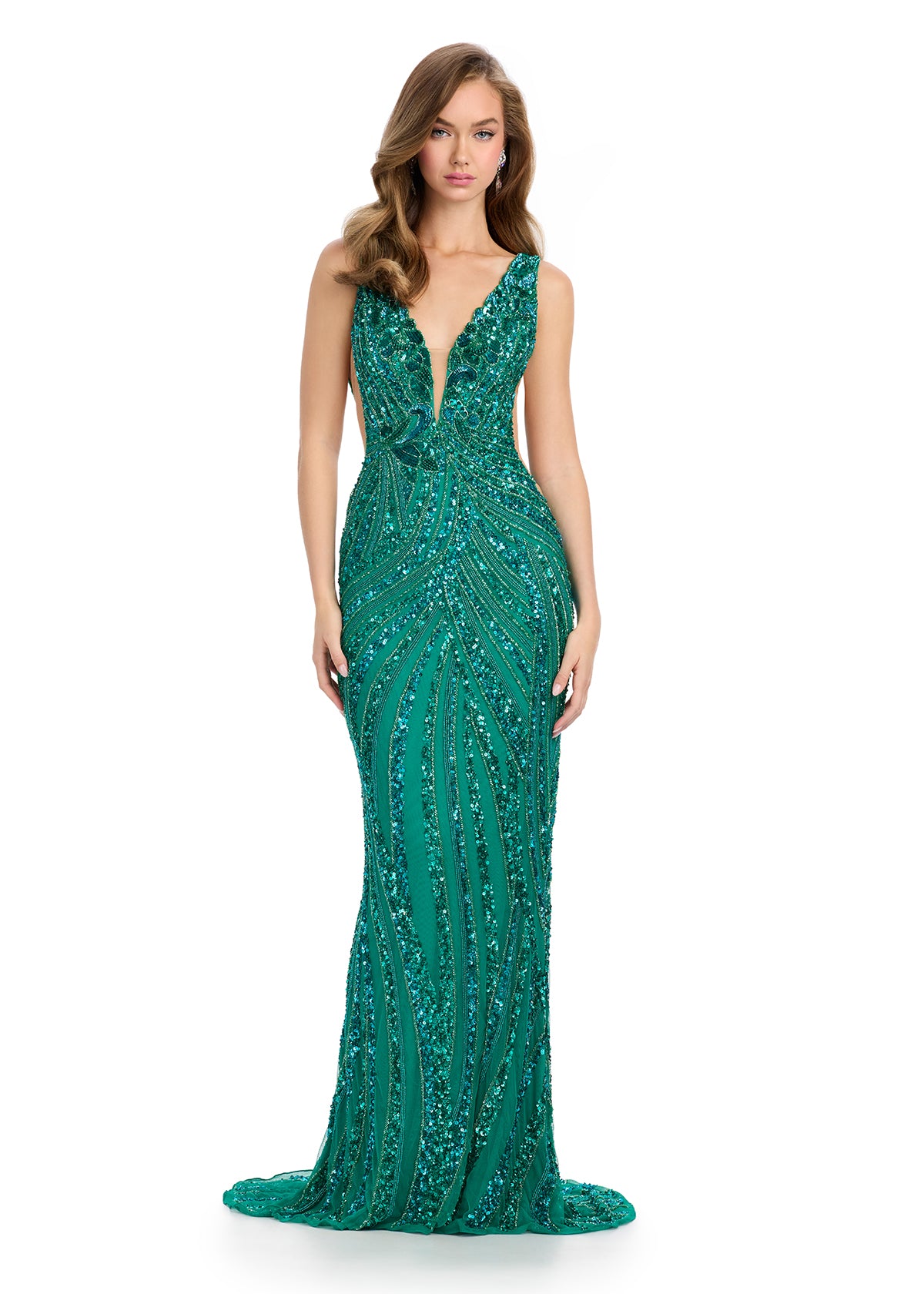 Jade elegant sleeveless gown with a plunging V-neckline, intricate gold and black sequin pattern, and a fitted silhouette for a striking evening look.