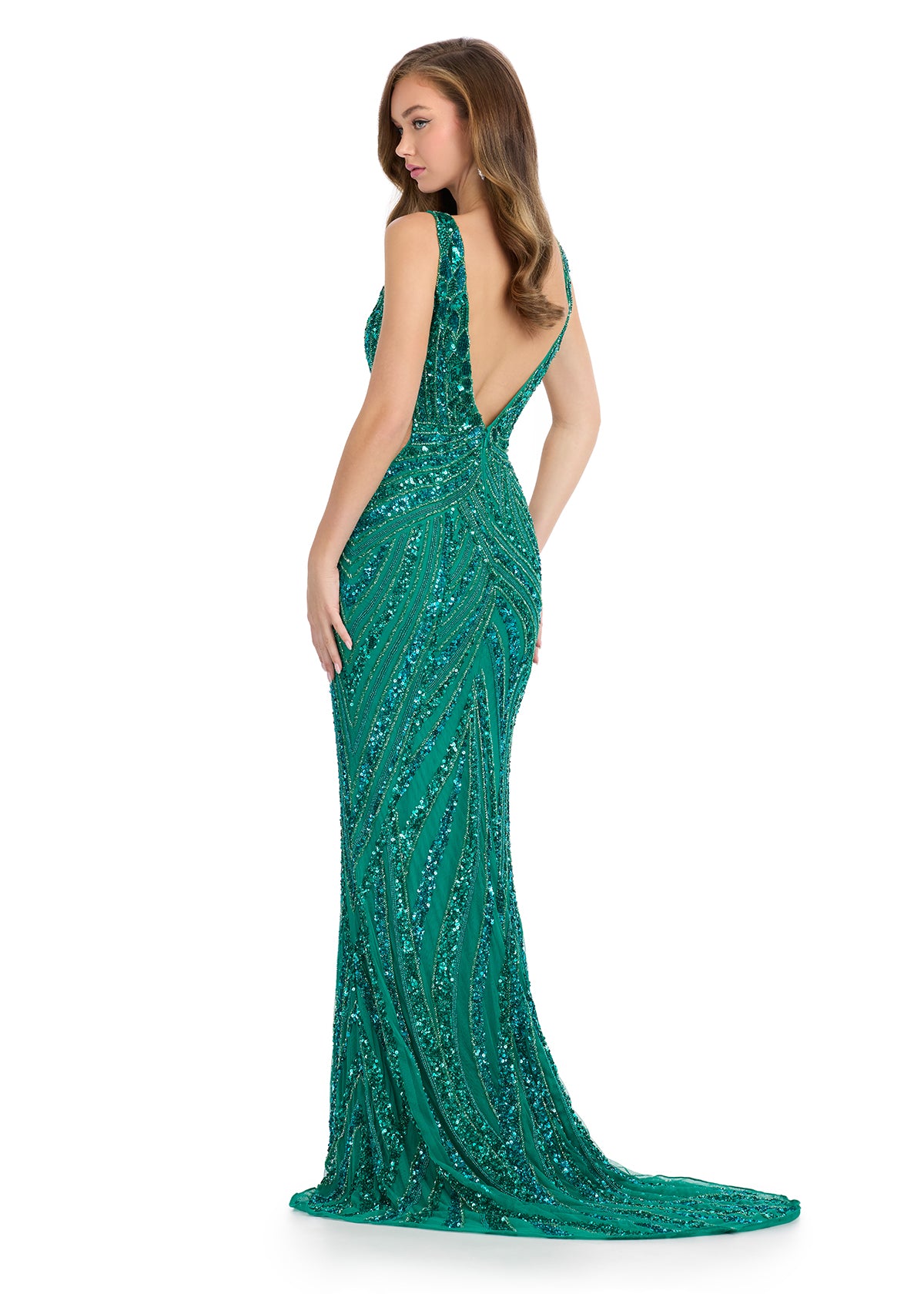 Back view - Jade elegant sleeveless gown with a plunging V-neckline, intricate gold and black sequin pattern, and a fitted silhouette for a striking evening look.