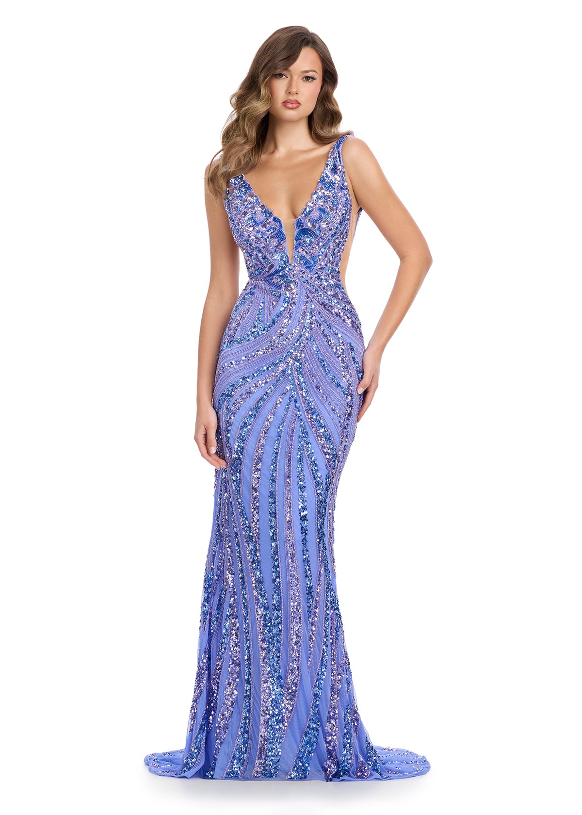 Purple elegant sleeveless gown with a plunging V-neckline, intricate gold and black sequin pattern, and a fitted silhouette for a striking evening look.