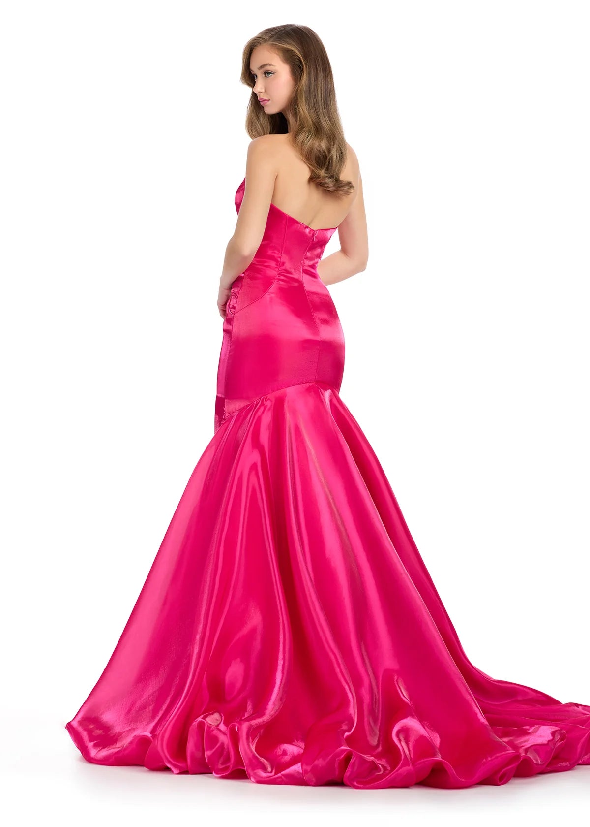 Back view - Pink elegant mermaid gown crafted from lustrous fabric, featuring a classic strapless neckline and a dramatic flared skirt for a timeless silhouette.