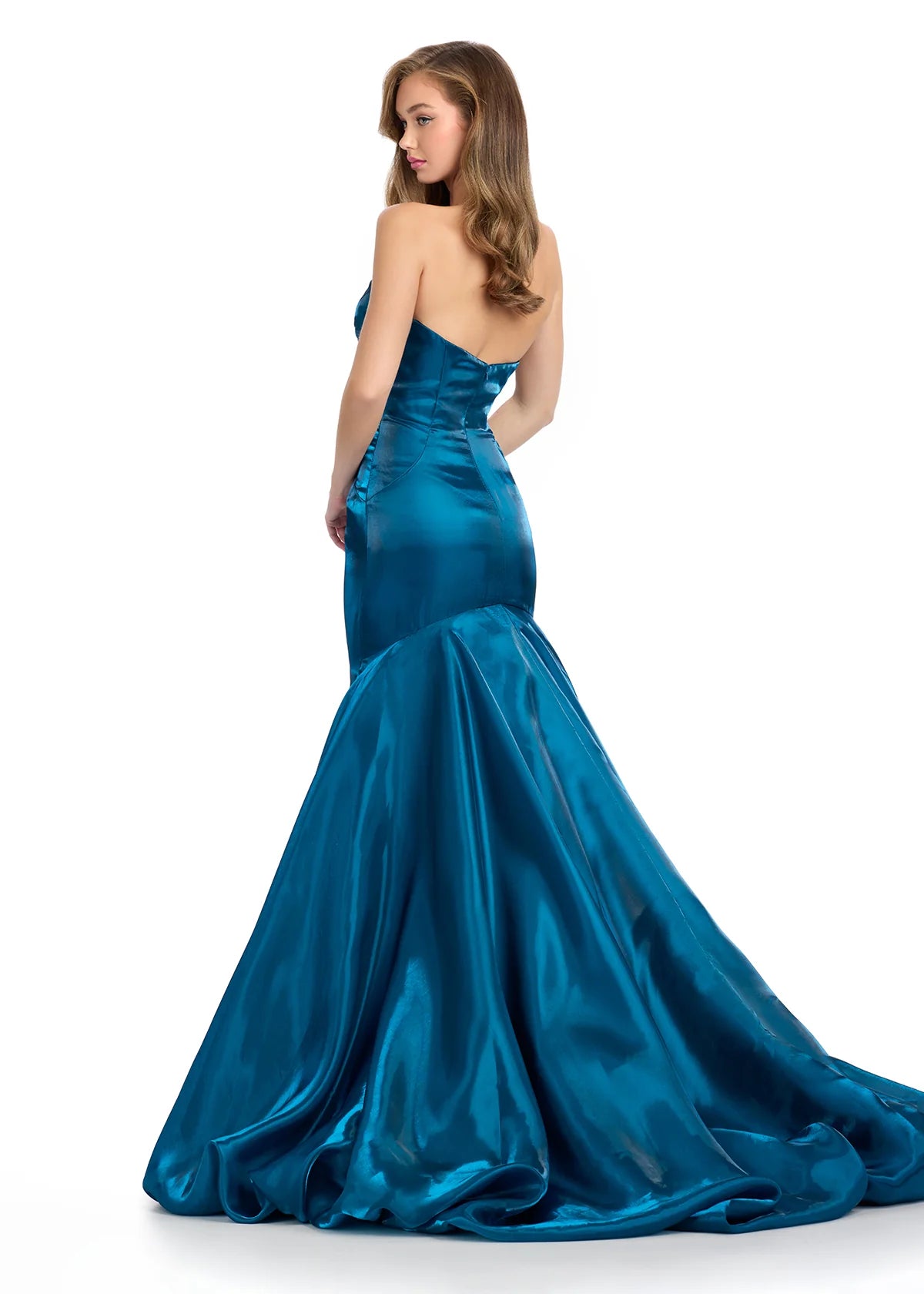 Back view - Peacock elegant mermaid gown crafted from lustrous fabric, featuring a classic strapless neckline and a dramatic flared skirt for a timeless silhouette.