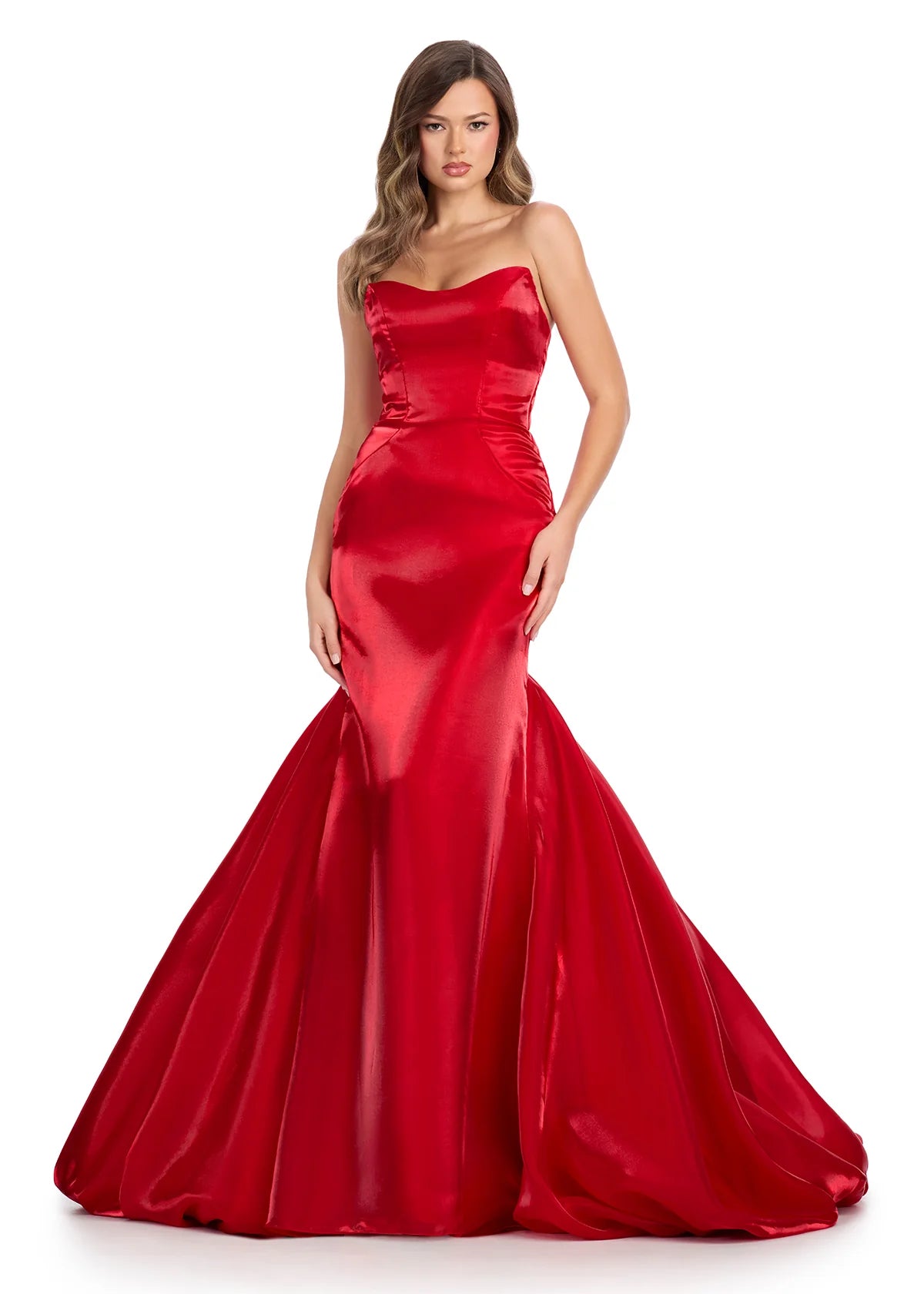 Red elegant mermaid gown crafted from lustrous fabric, featuring a classic strapless neckline and a dramatic flared skirt for a timeless silhouette.