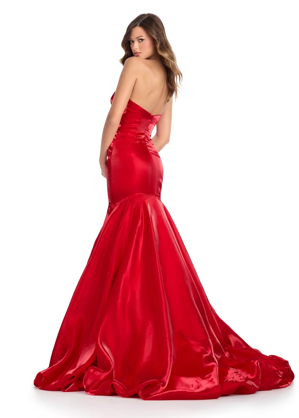 Back view - Red elegant mermaid gown crafted from lustrous fabric, featuring a classic strapless neckline and a dramatic flared skirt for a timeless silhouette.