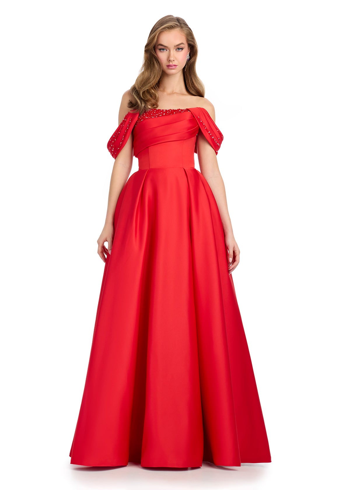 Red elegant off-shoulder ball gown featuring embellished draped sleeves, a structured bodice, and a voluminous skirt for a timeless formal look.