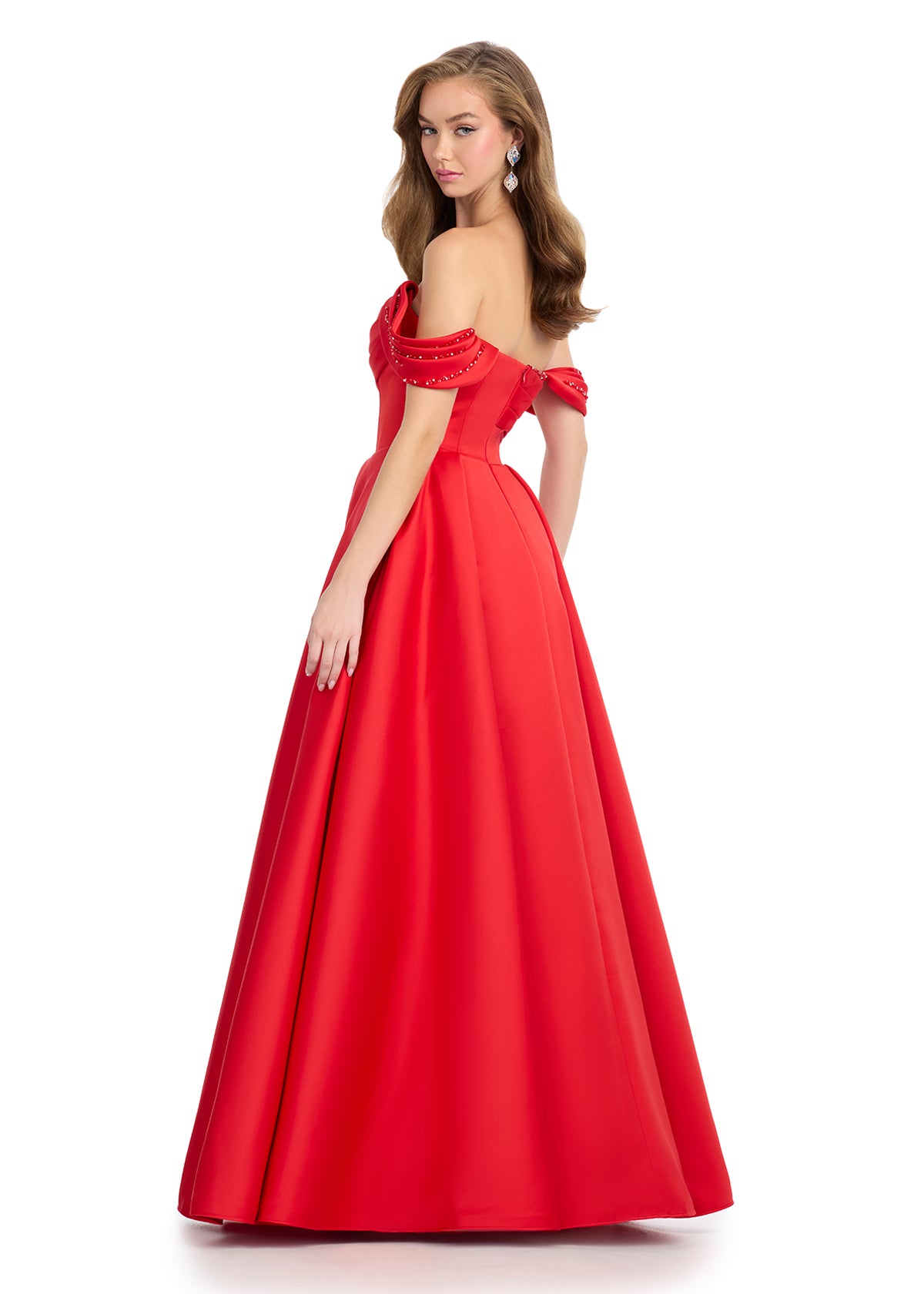 Back view - Red elegant off-shoulder ball gown featuring embellished draped sleeves, a structured bodice, and a voluminous skirt for a timeless formal look.