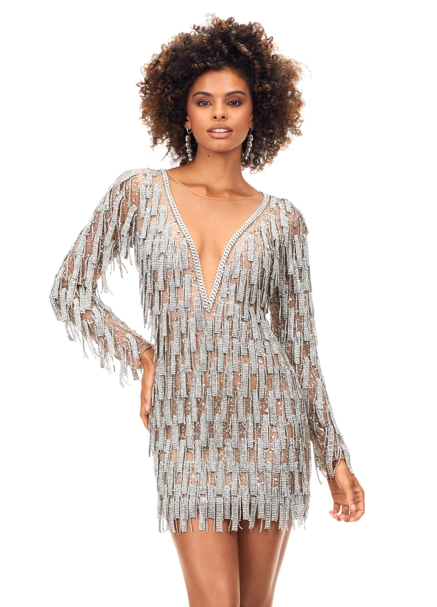 Silver Fringe Mini Dress Featuring Long Sleeves, Plunging V-Neckline, And All-Over Embellishments.