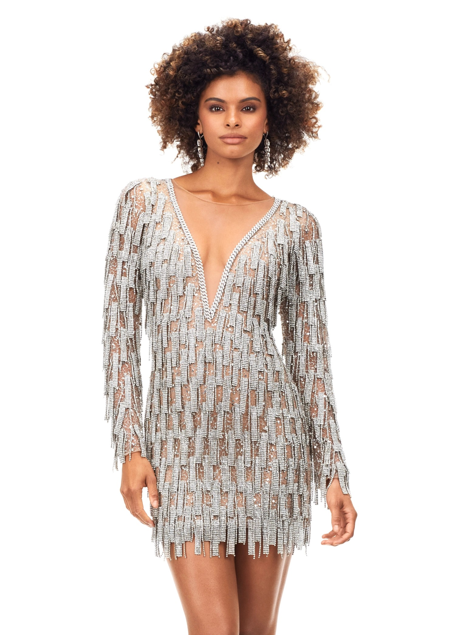 Silver Fringe Mini Dress Featuring Plunging V-Neckline, Long Sleeves, And All-Over Embellishments.