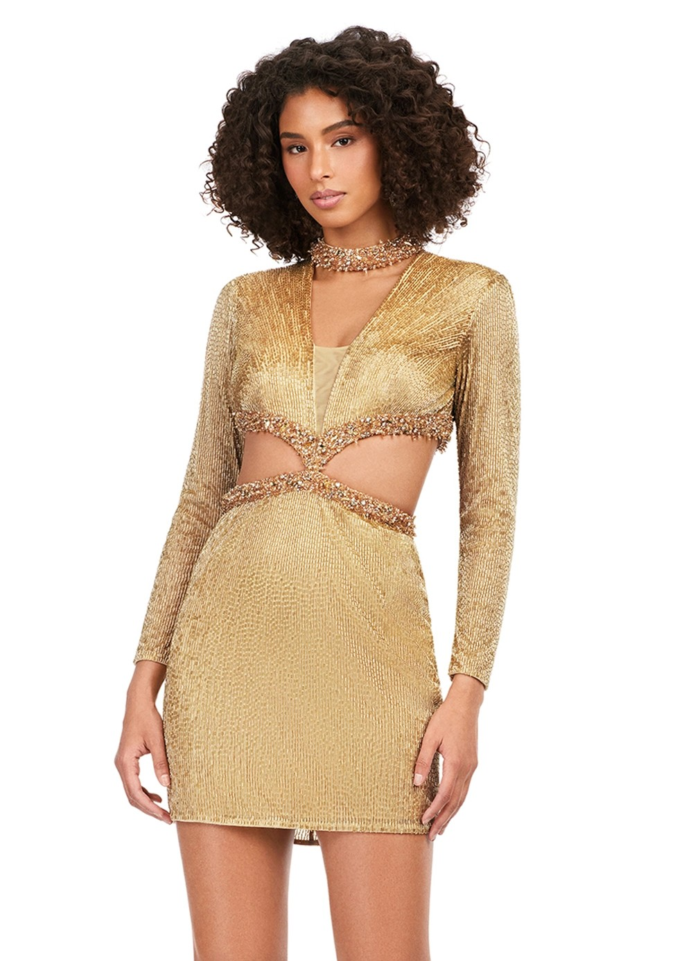 Stunning gold long-sleeve mini dress adorned with sparkling beadwork, featuring a choker neckline, striking cut-out accents, and a sleek fitted design for an effortlessly glamorous appearance.