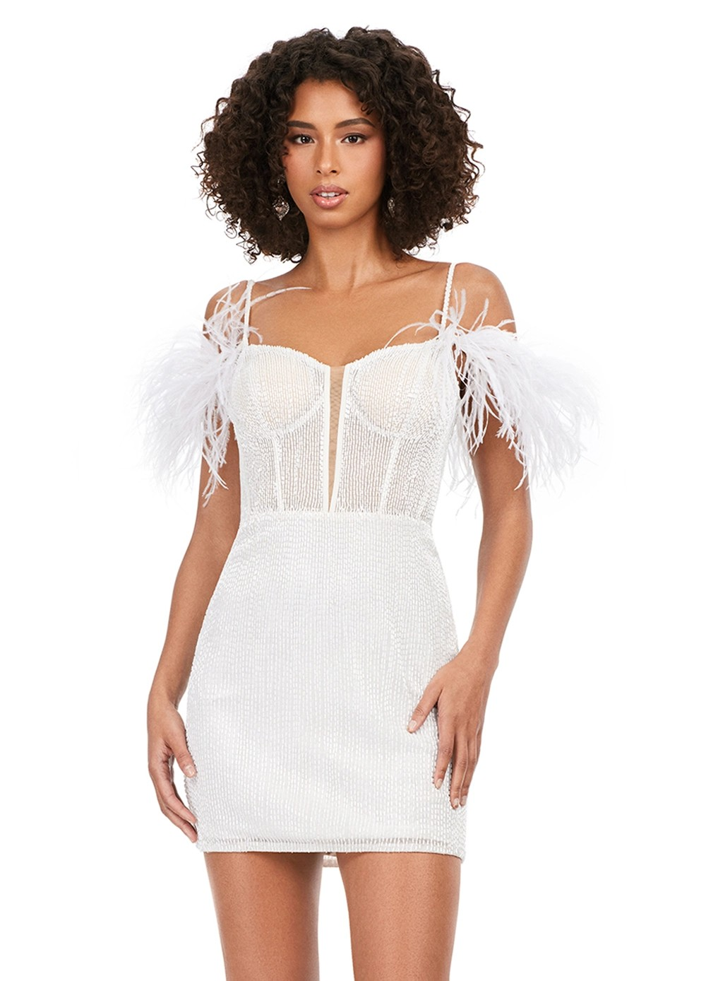 Ivory off-the-shoulder, beaded, mini dress featuring feathered accents and a plunging neckline.